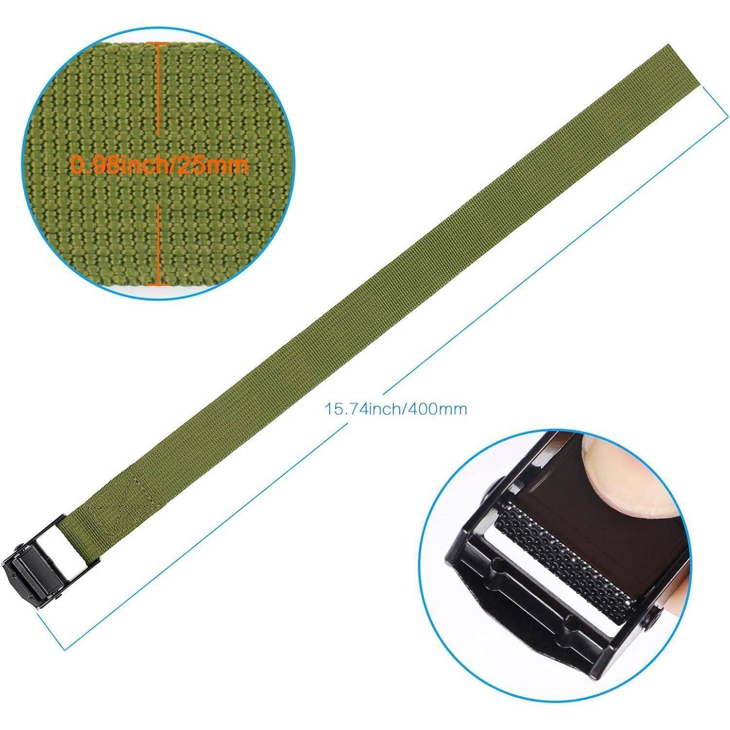 Grüner Klett- und Schlaufenriemen, 15,74 Zoll/400 mm lang, mit einer Nahaufnahme, die 0,98 Zoll/25 mm Breite zeigt und durch eine schwarze Schnalle befestigt wird.