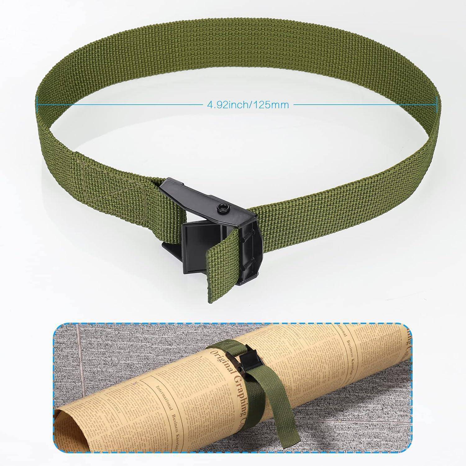 Ein grüner verstellbarer Gürtel wird präsentiert, der eine Breite von 4,92 Zoll (125 mm) aufweist. Ein Einsatzbild zeigt den Gürtel, der ein aufgerolltes Dokument fixiert.