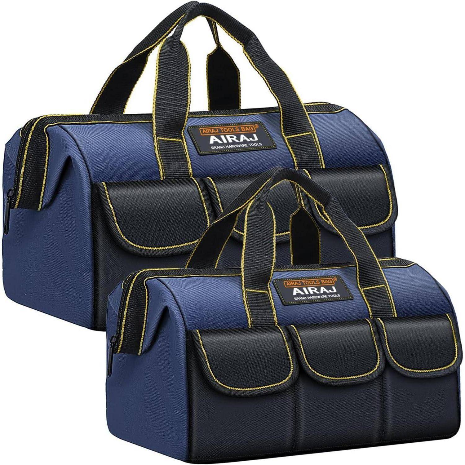 Zwei navy-blaue und schwarze Werkzeugtaschen mit verstärkten, gelb abgesteppten Griffen und Taschen an der Vorderseite. Sie tragen die 'AIRAJ' Markenbezeichnung.