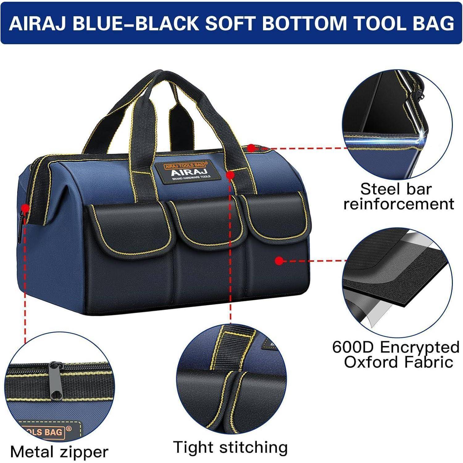 AIRAJ Blau-Schwarz Weiche Bodenwerkzeugtasche' mit Stahlstangenarmierung, 600D verschlüsseltem Oxford-Gewebe, Metallreißverschluss, fester Naht.