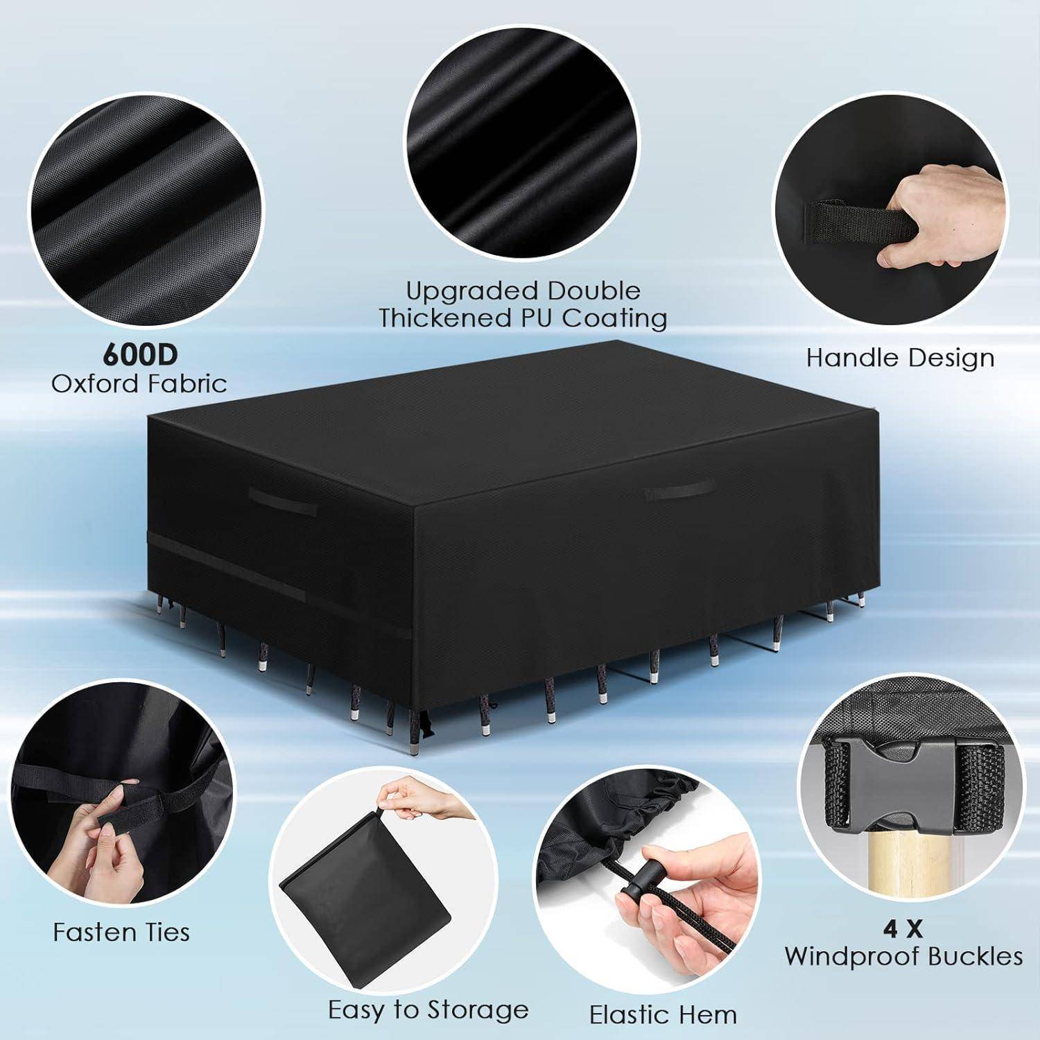 Wasserdichte schwarze Terrassenmöbel-Abdeckung mit verbesserter PU-Beschichtung; ausgestattet mit Griffen, Befestigungsschlaufen, elastischem Saum, windbeständigen Schnallen.