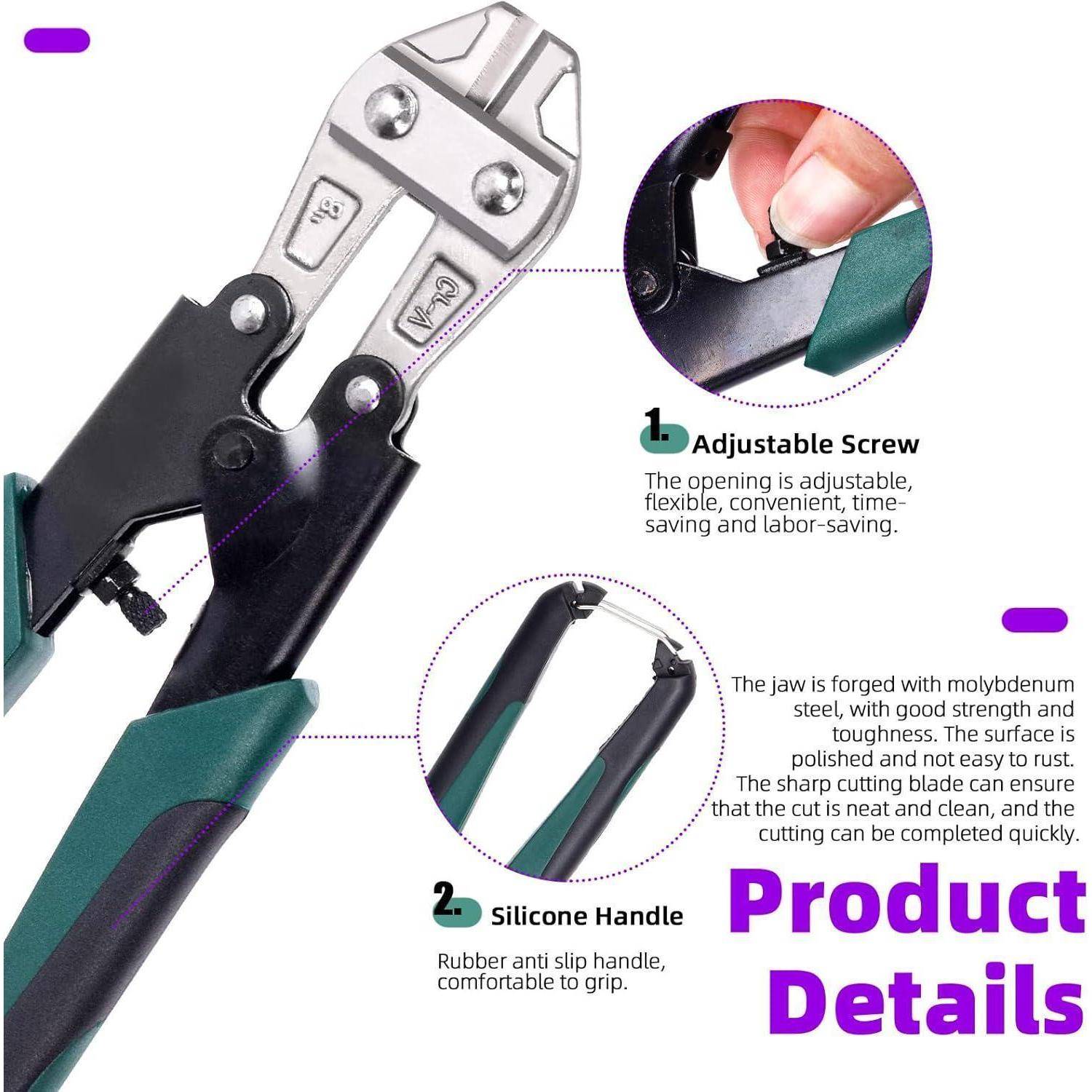 Produktdetails': Bild von Bolzenschneidern mit Hervorhebung einer verstellbaren Schraube für Flexibilität und einem Silikongriff für Komfort und sicheren Halt.