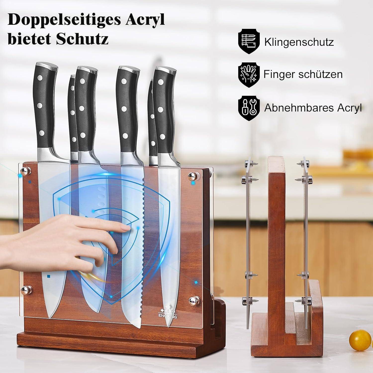 Ein Messerblock fasst vier Messer. Eine Hand demonstriert das Herausnehmen eines Messers. Der deutsche Text erklärt Merkmale wie Schutz und herausnehmbares Acryl.