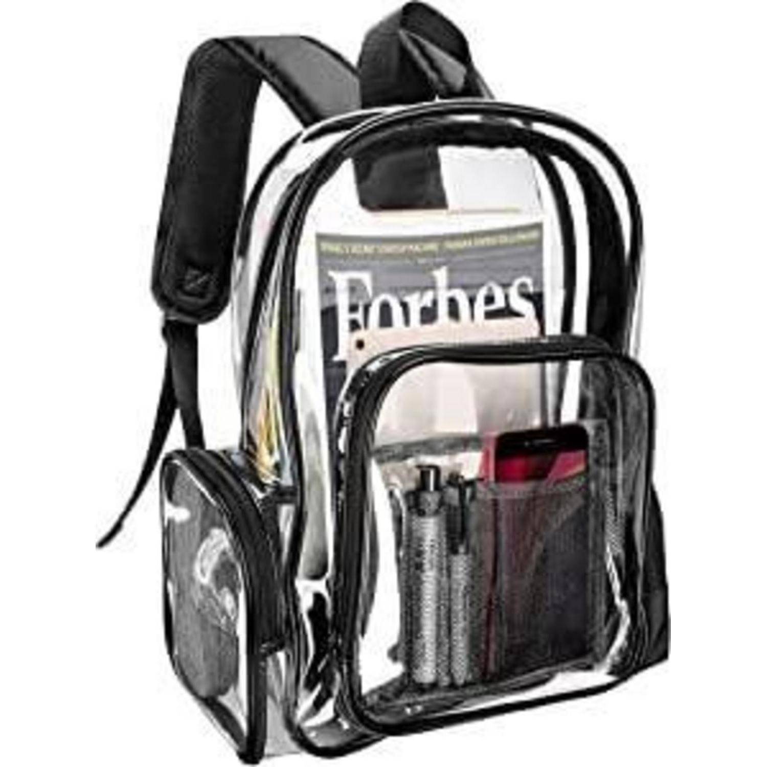 Ein durchsichtiger Rucksack mit einer aufgerollten Zeitschrift mit der Aufschrift „Forbes