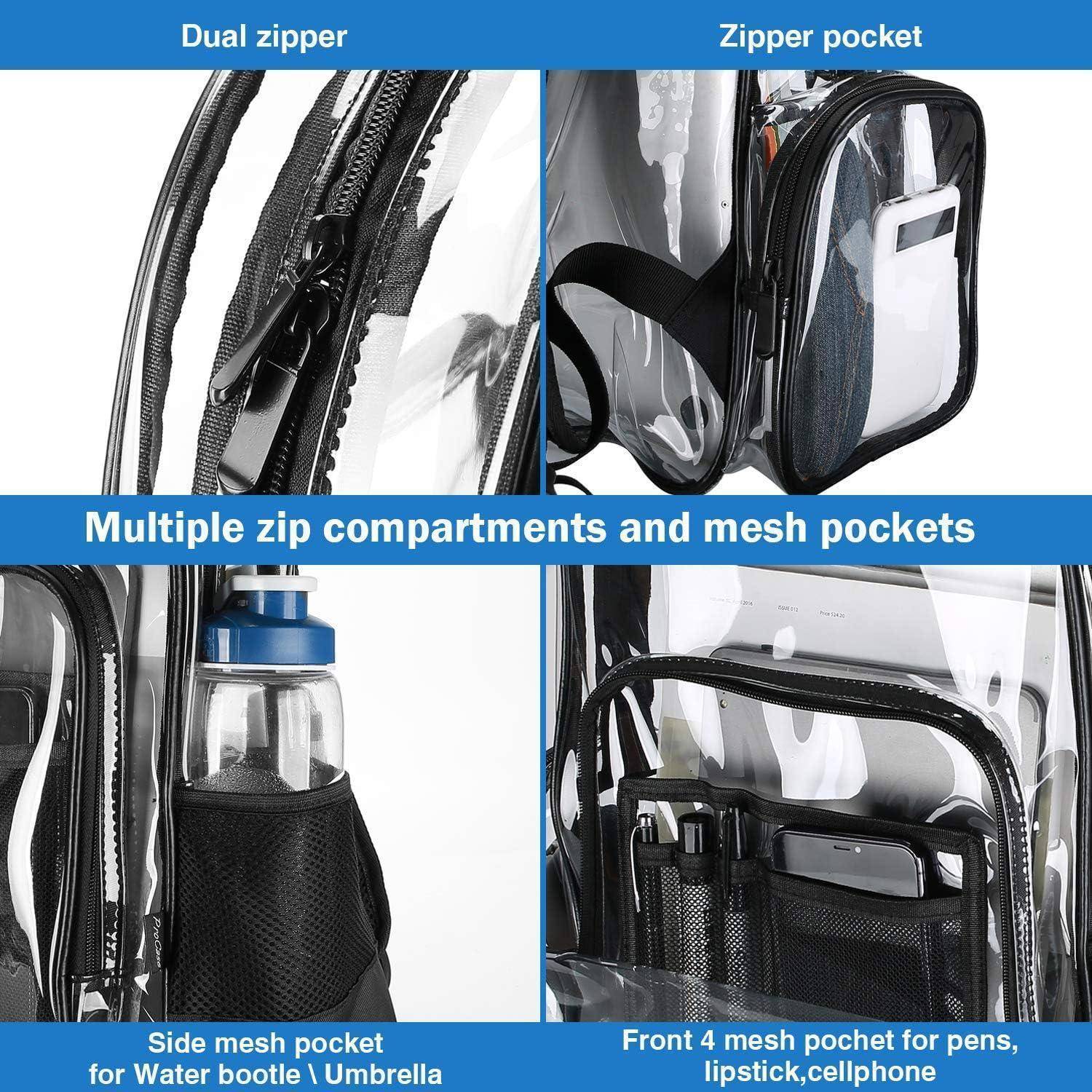 Transparenter Rucksack mit Doppelreißverschluss, Reißverschlusstasche, mehreren Reißverschluss-Fächern, Netz-Taschen für Wasserflasche, Regenschirm, Stifte und Handy.