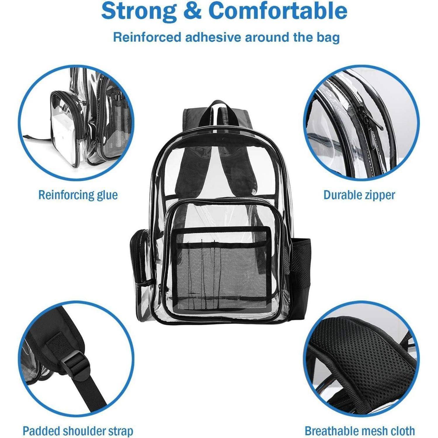 Transparenter Rucksack mit verstärkter Klebung, strapazierfähigen Reißverschlüssen, gepolsterten Trägern und atmungsaktivem Meshgewebe für Komfort und Langlebigkeit.