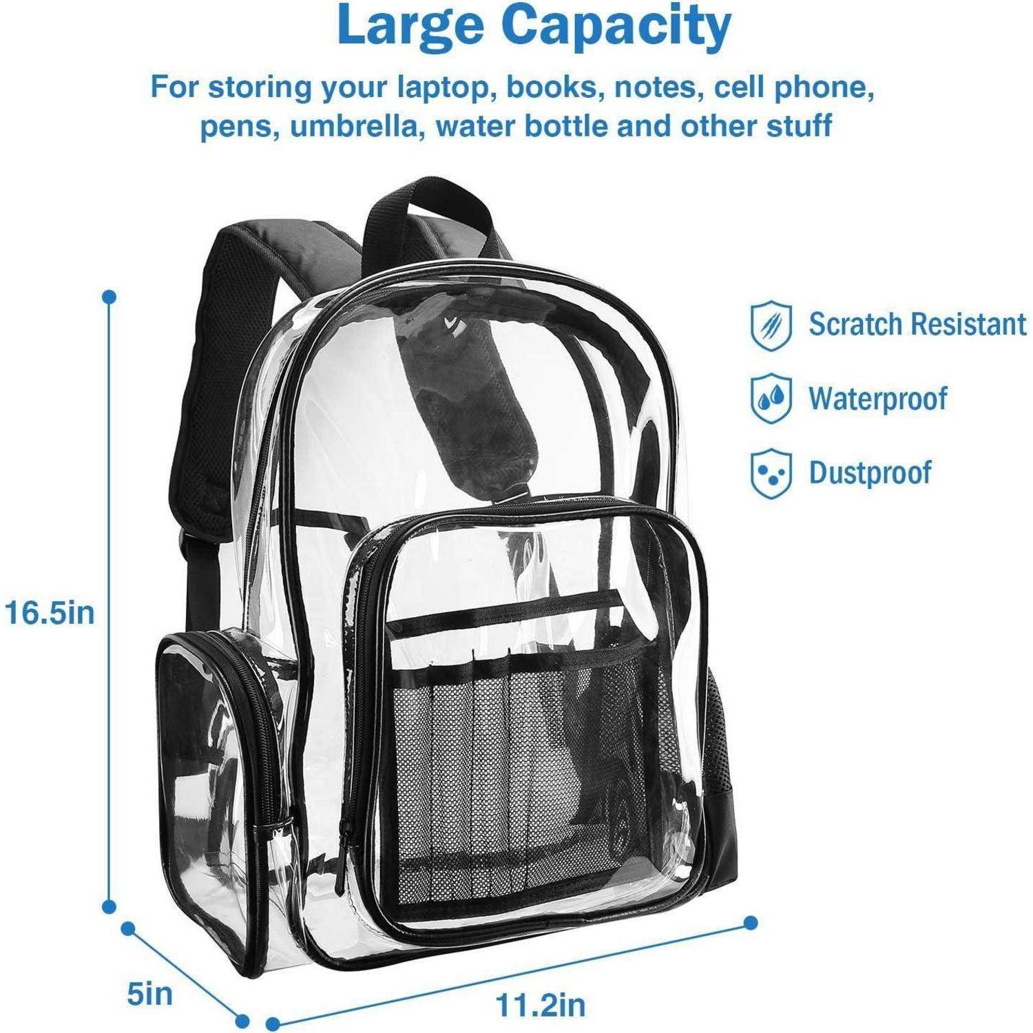 Großes Fassungsvermögen: Zum Verstauen von Laptop, Büchern, Notizen, Handy, Stiften, Regenschirm, Wasserflasche und anderen Utensilien.' Transparenter Rucksack mit Abmessungen von 16,5 Zoll Höhe, 11,2 Zoll Breite, 5 Zoll Tiefe. Zu den Eigenschaften gehören Kratzfestigkeit, Wasserdichtigkeit und Staubschutz.
