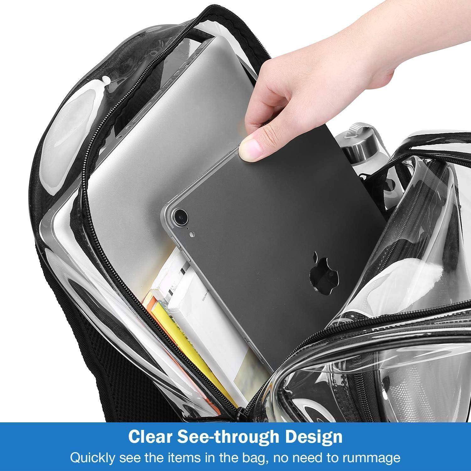 Ein transparenter Rucksack enthält einen Laptop, Ordner und ein Tablet und zeigt die Bequemlichkeit des klaren Designs, um Gegenstände leicht zu finden.