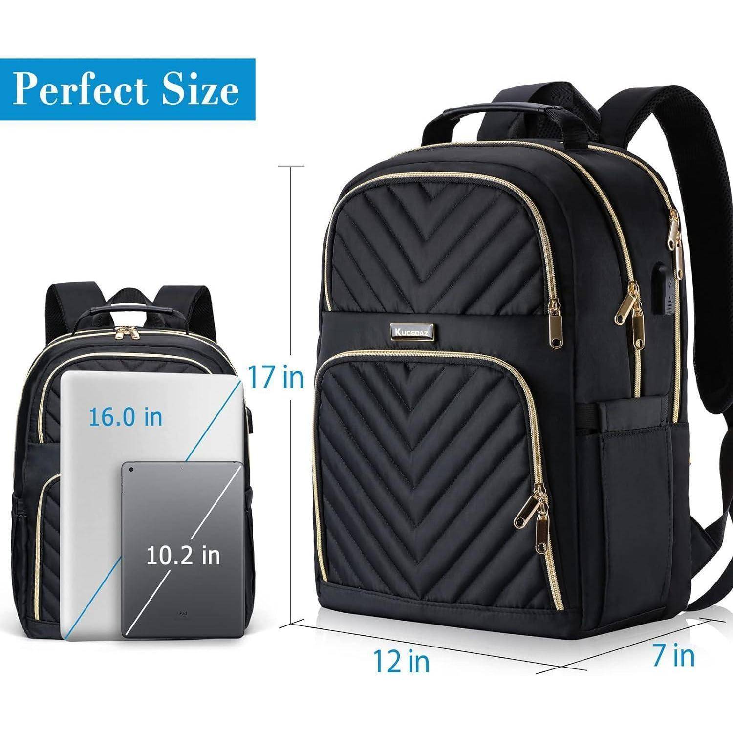 Schwarzer Rucksack mit goldfarbenen Reißverschlüssen, Abmessungen: 17