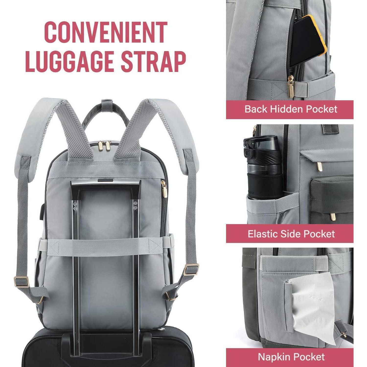 Ein grauer Rucksack wird gezeigt mit hervorgehobenen Merkmalen: 'Praktischer Gepäckgurt', eine versteckte Rückentasche mit einem Tablet, eine elastische Seitentasche mit einer Flasche und eine Serviettentasche.