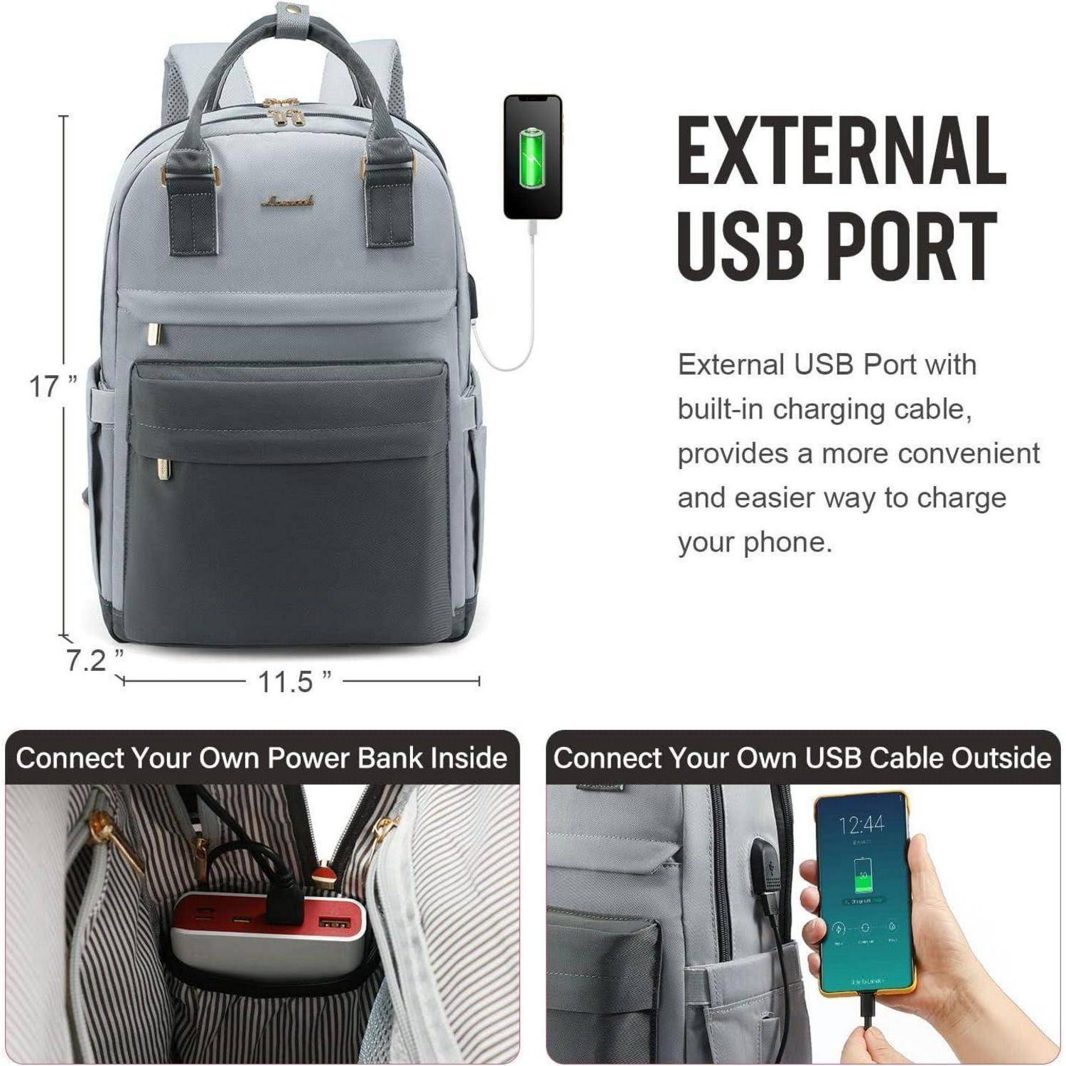 Rucksack mit externem USB-Anschluss zum Aufladen von Geräten. Abmessungen: 17