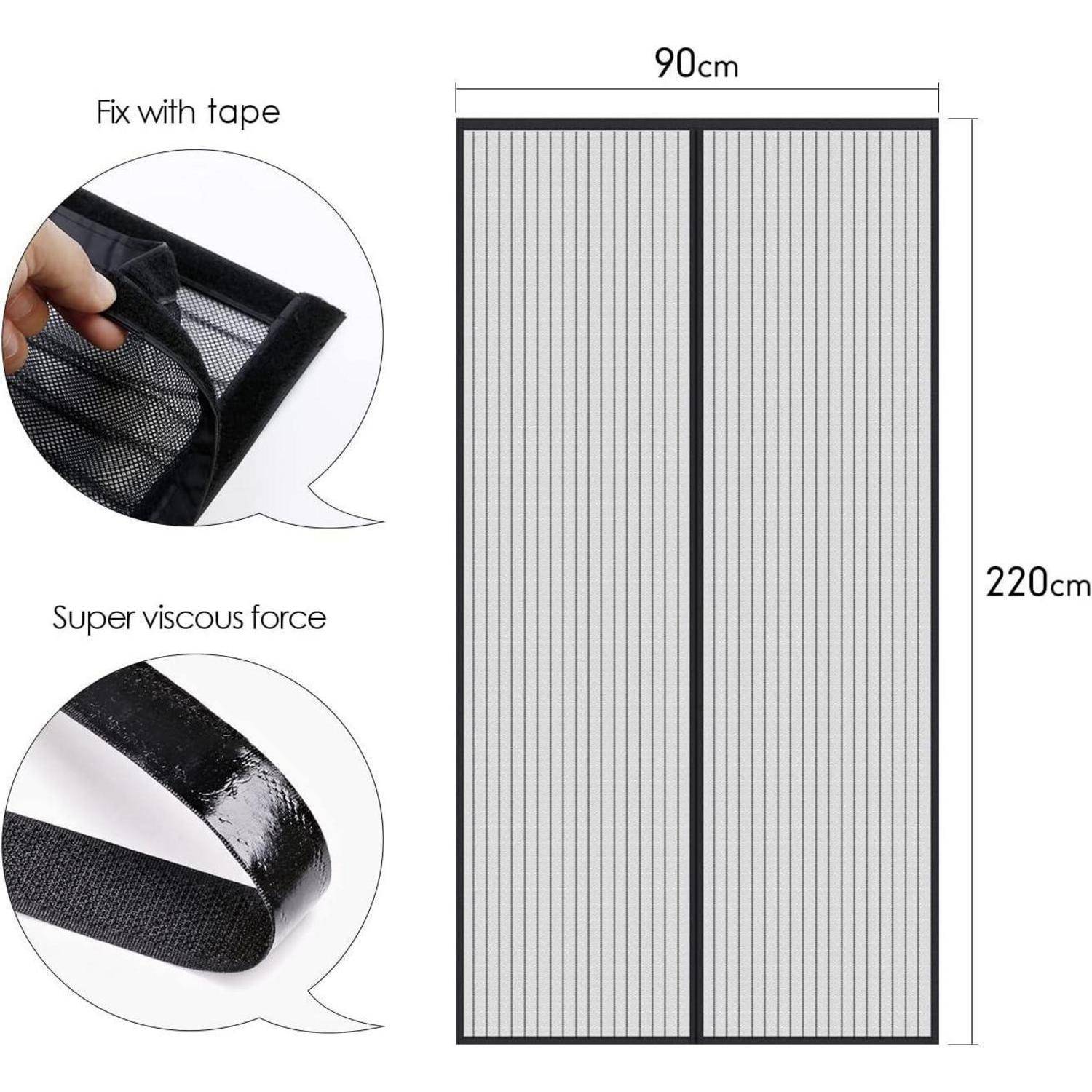 Magnetische Fliegengittertür, 90x220 cm, mit Details: Klebeband zum Befestigen und starker Haftungskraft. Schwarzes Gitter mit zwei vertikalen Paneelen.