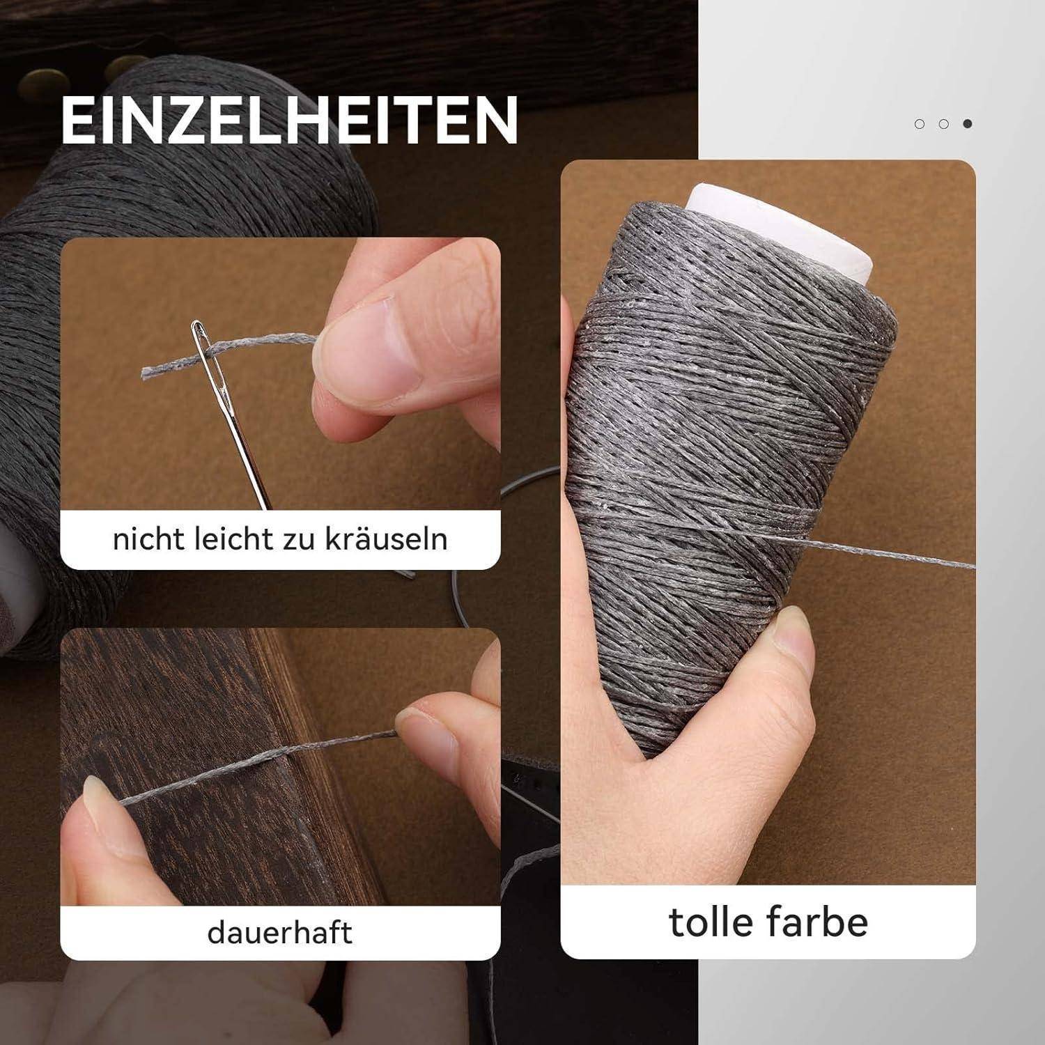 Nahaufnahme eines grauen Fadens, der gehalten und verwendet wird, wobei seine Haltbarkeit und Farbqualität demonstriert werden mit Text: 'nicht leicht zu kräuseln', 'tolle farbe', und 'dauerhaft'.