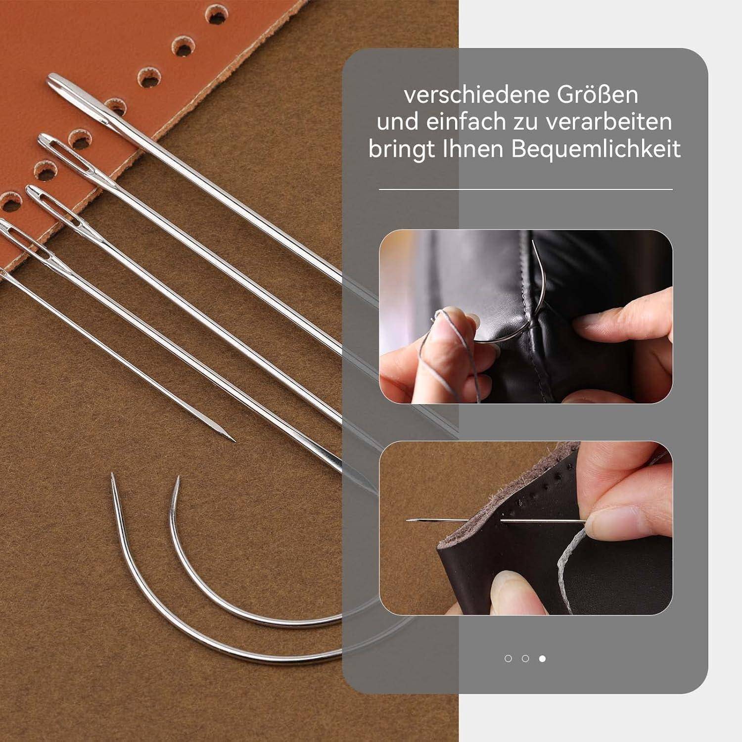 Verschiedene Nähnadeln und eine Nahaufnahme von Händen, die Leder nähen. Text in German reads: 'verschiedene Größen und einfach zu verarbeiten bringt Ihnen Bequemlichkeit'.
