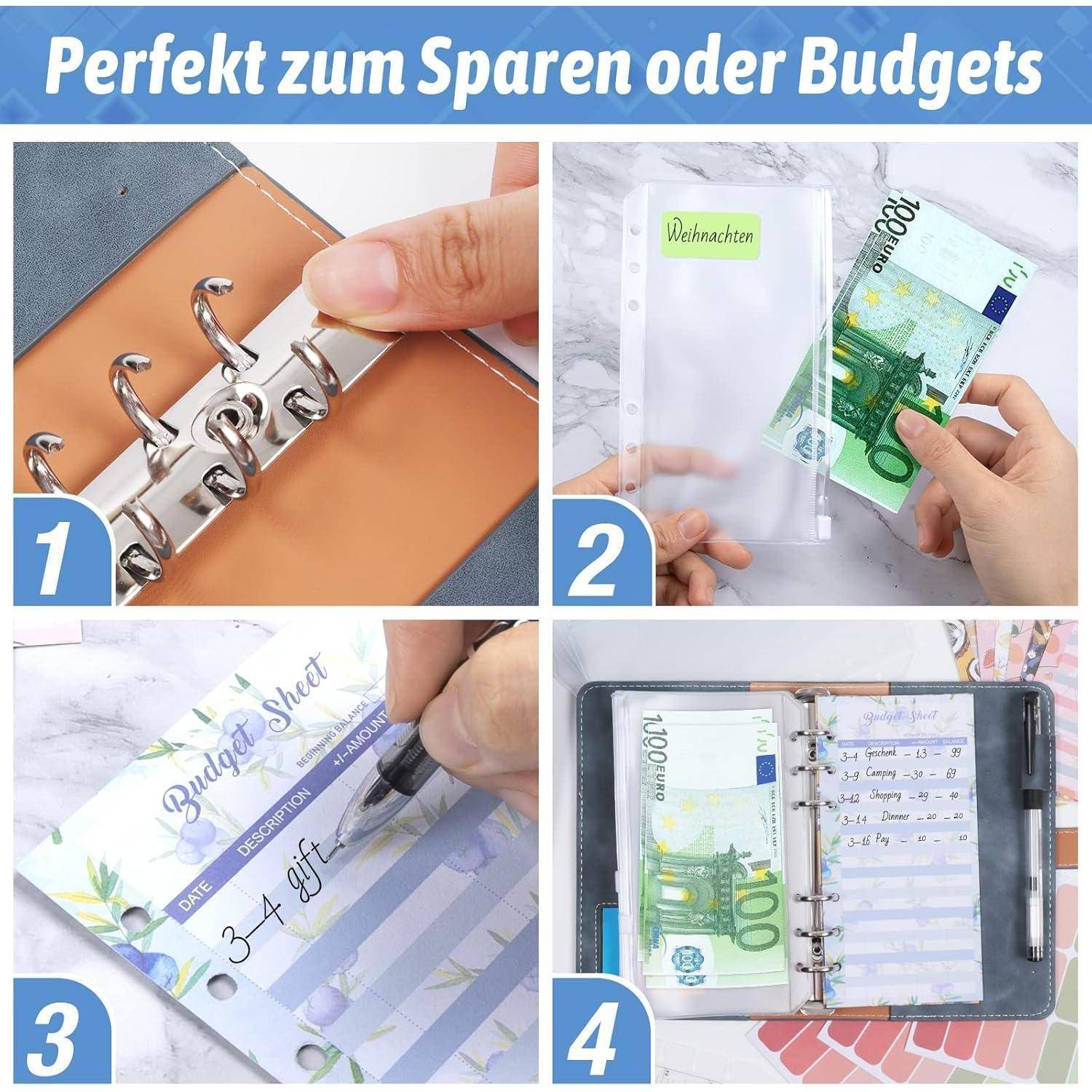 Vierschrittiger Leitfaden zum Budgetieren: 1. Binderringе öffnen; 2. Bargeld mit der Beschriftung 