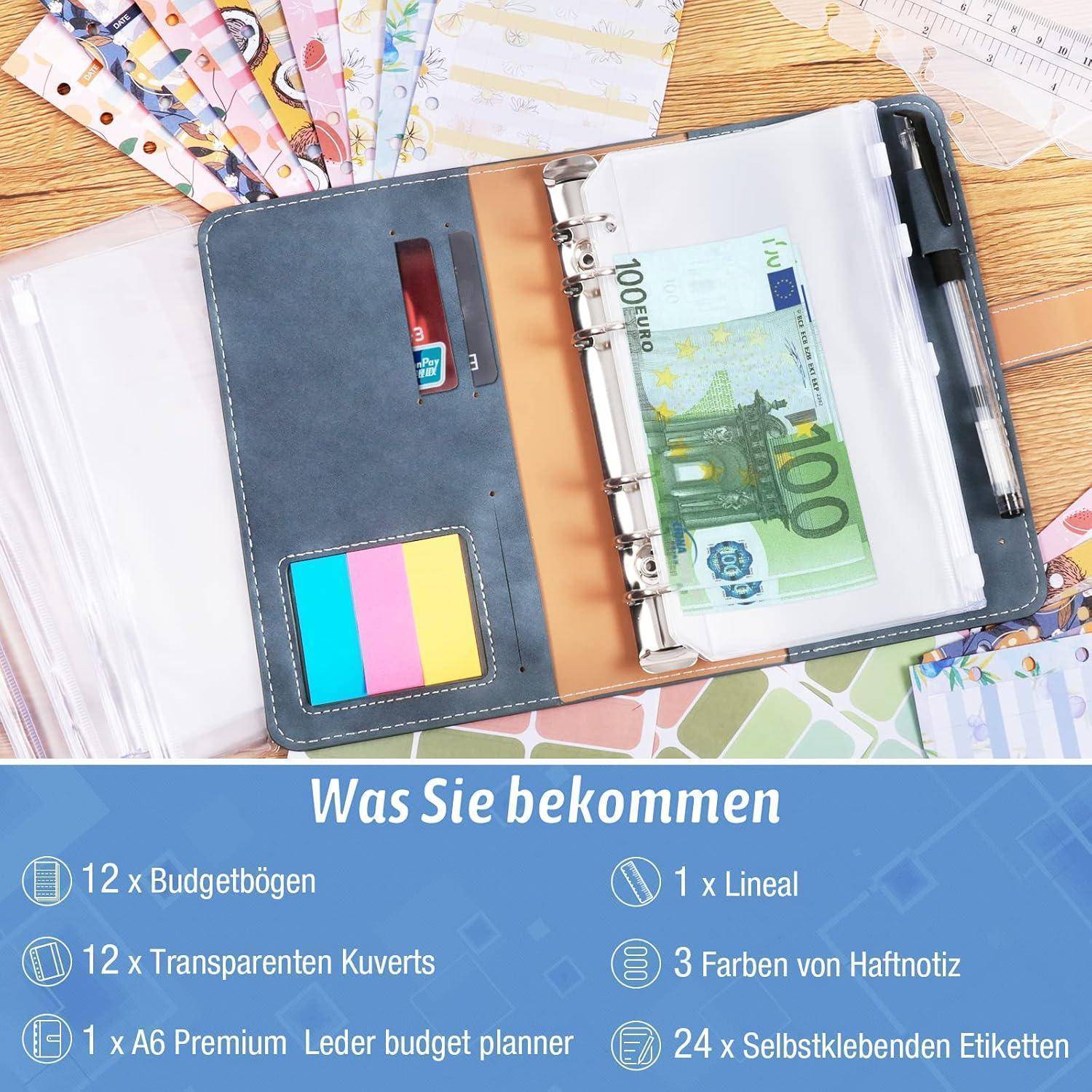 Was Sie bekommen: enthält einen Lederbudgetplaner, transparente Umschläge, Haftnotizen und einen Lineal.