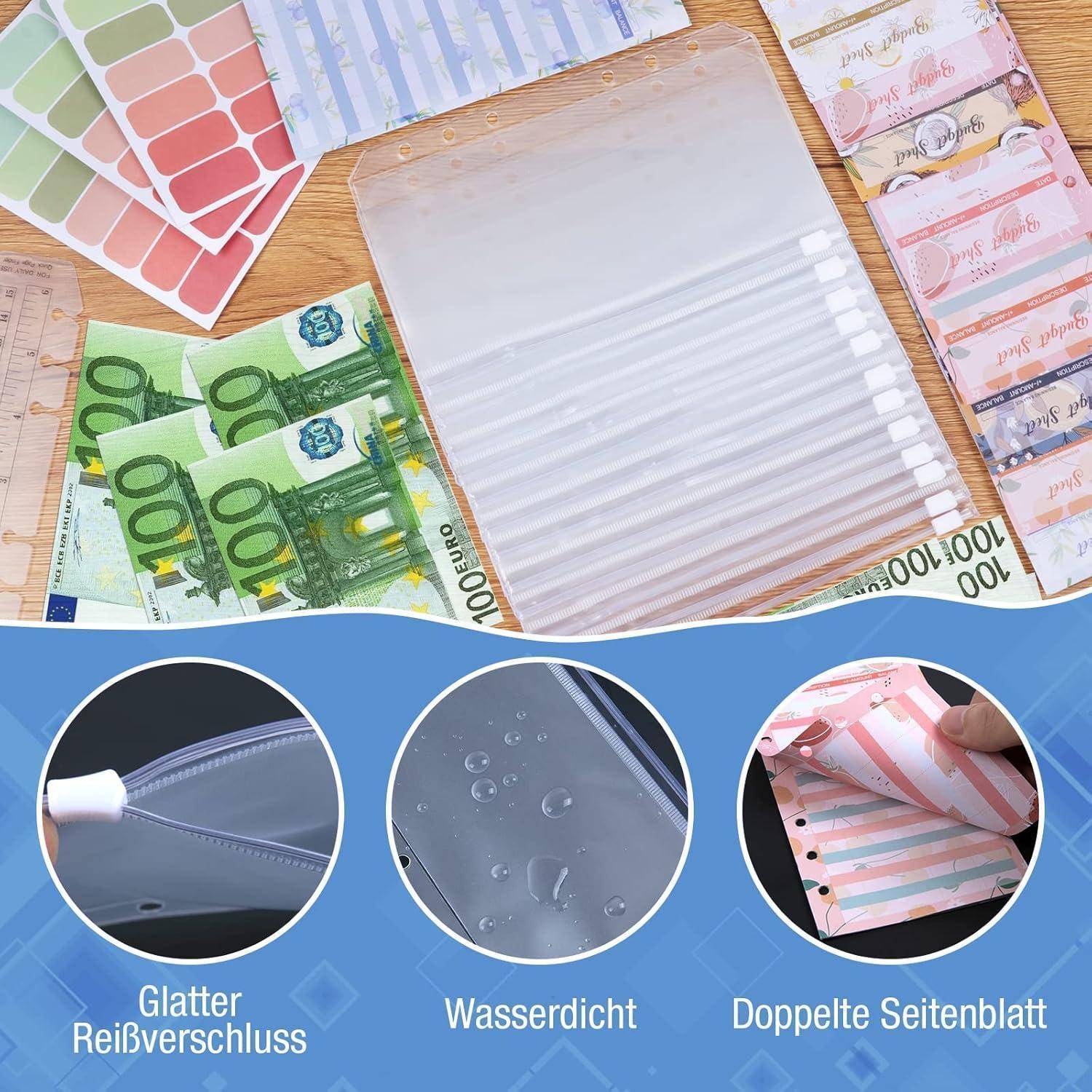 Geldumschläge und Etiketten sind auf einer Holzoberfläche verstreut. Kreisförmige Überlagerungen heben Merkmale hervor: ‚Glatter Reißverschluss', ‚Wasserdicht', ‚Doppelseitig'.