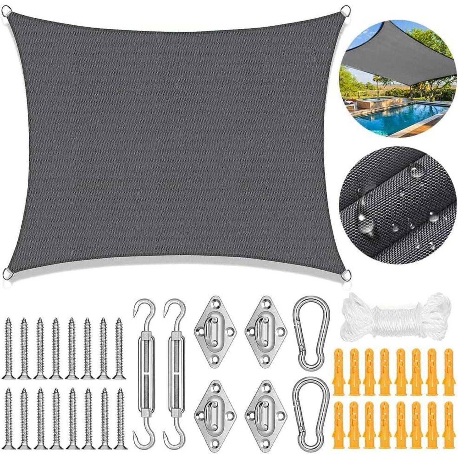 Ein grauer Sonnensegel mit Befestigungsmaterial, einschließlich Haken, Ankern und Seil. Kleine Bilder zeigen Terrassennutzung, Materialtextur und Schattierungseffekt.