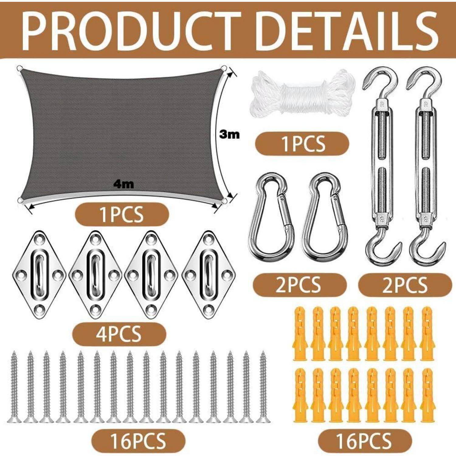 Produktdetails für Sonnensegel-Set: Enthält 1 Segel, 1 Seil, 2 Spannschlösser, 2 Karabinerhaken, 4 Befestigungsösen, 16 Schrauben, 16 Anker.