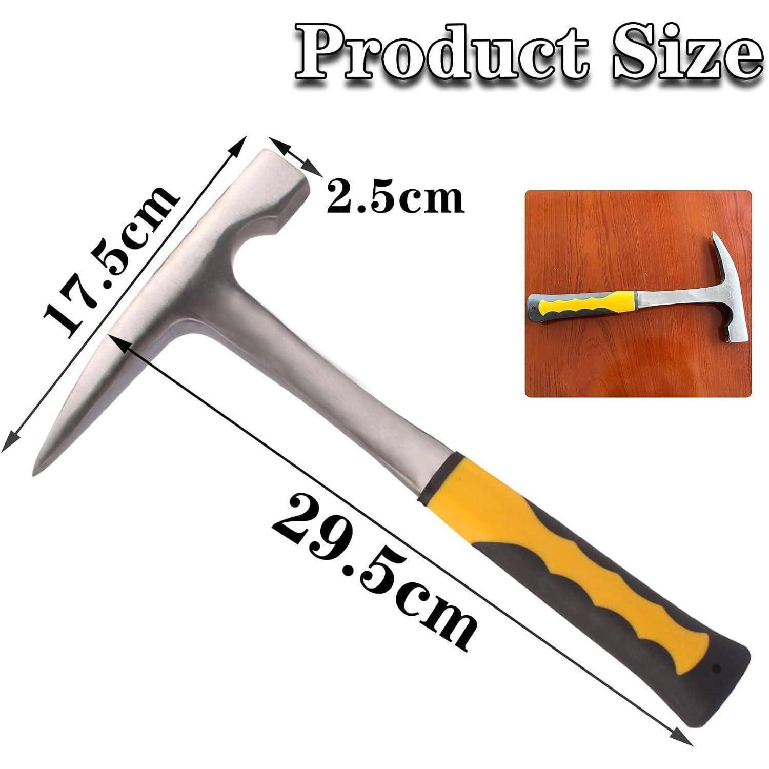Ein Felsenhammer mit einem gelb-schwarzen Griff, 29,5 cm lang und 17,5 cm breit. Eingesetztes Bild zeigt eine Seitenansicht.