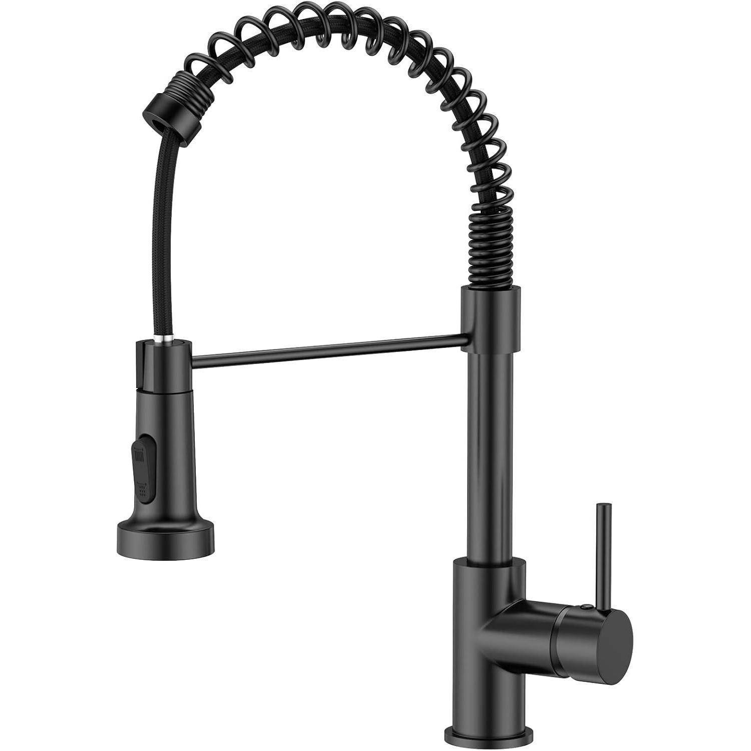 Ein schlanker, schwarzer Küchenarmatur mit flexiblem Federdesign, ausgestattet mit einem ausziehbaren Brausekopf und einem einzelnen Hebel rechts.