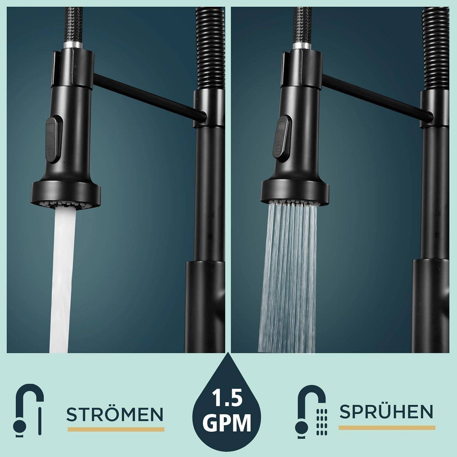 Wasserhahn zeigt zwei Modi: links mit stetigem Strahl und rechts mit Sprühmodus. Text darunter liest sich '1,5 GPM', 'STRÖMEN', 'SPRÜHEN'.