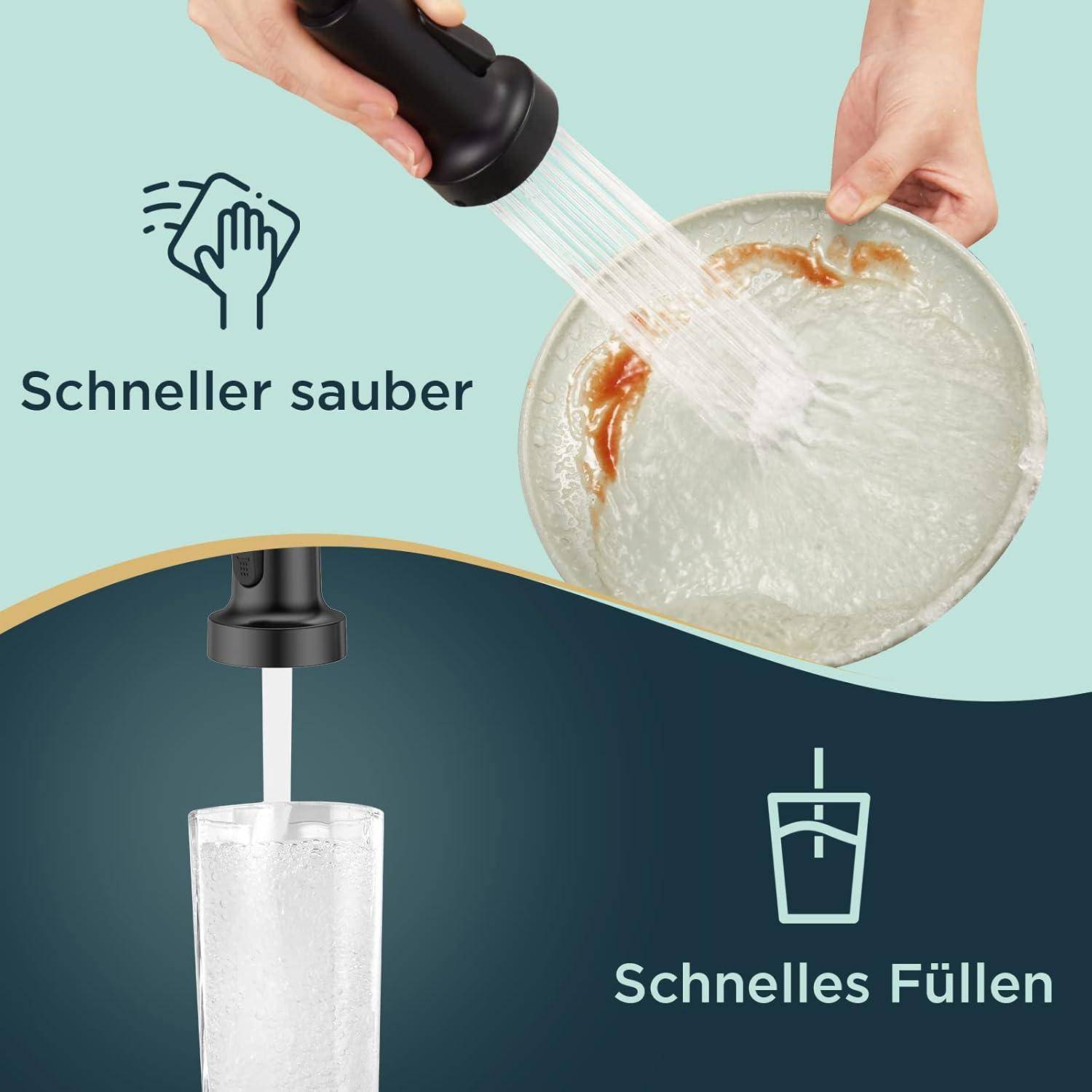 Eine Hand hält eine Bürste, die einen Teller reinigt, mit dem Text 'Schneller sauber' darüber. Unten ein Glas, das mit Wasser gefüllt wird, mit der Beschriftung 'Schnelles Füllen'.