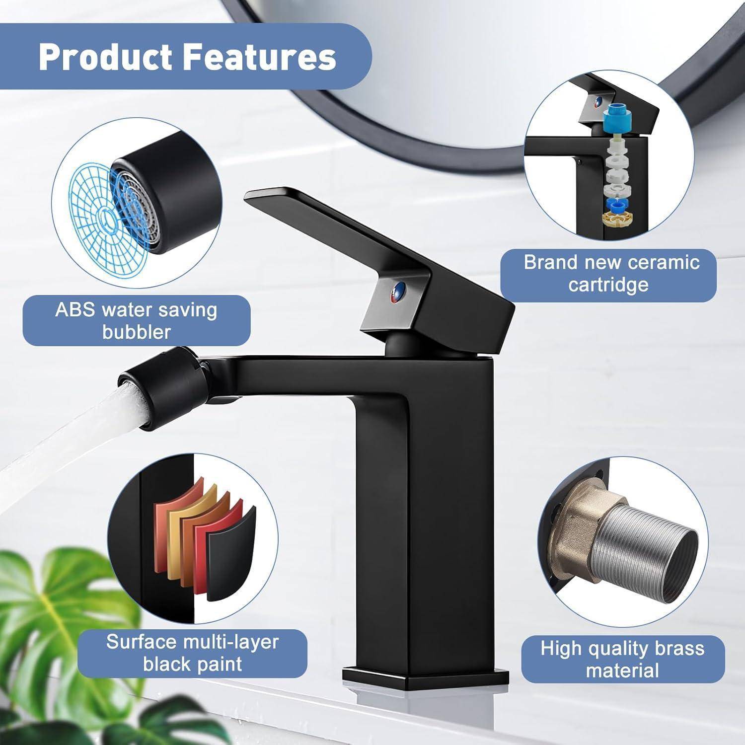 Produktmerkmale' Bild, das einen schwarzen Wasserhahn mit fließendem Wasser zeigt, mit Hervorhebung der Merkmale: ABS-Wasserspar-Belüfter, Keramikkartusche, mehrschichtige schwarze Beschichtung, hochwertiges Messingmaterial.