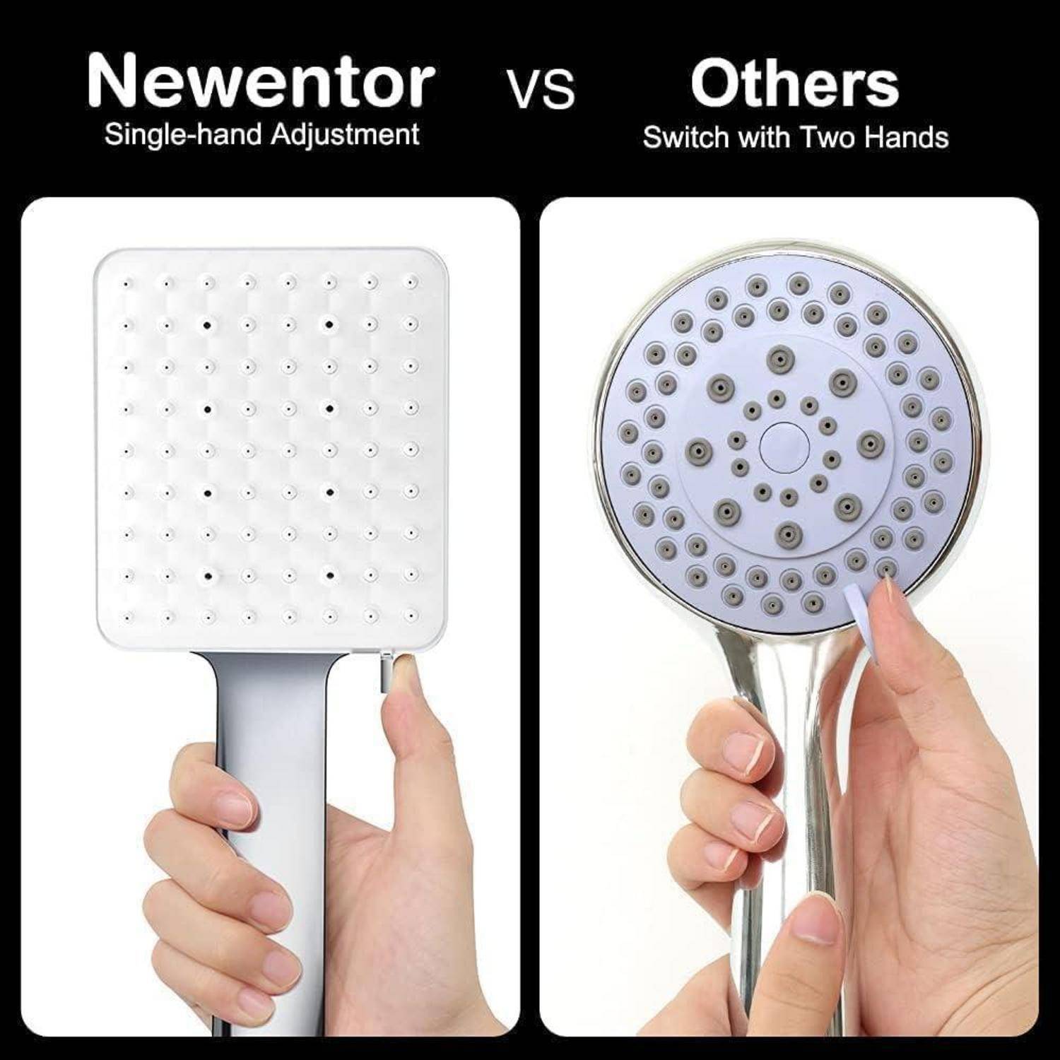 Duschbrause 'Newentor' mit Einhandverstellung links, 'Andere' mit Schalter, der zwei Hände erfordert, rechts.