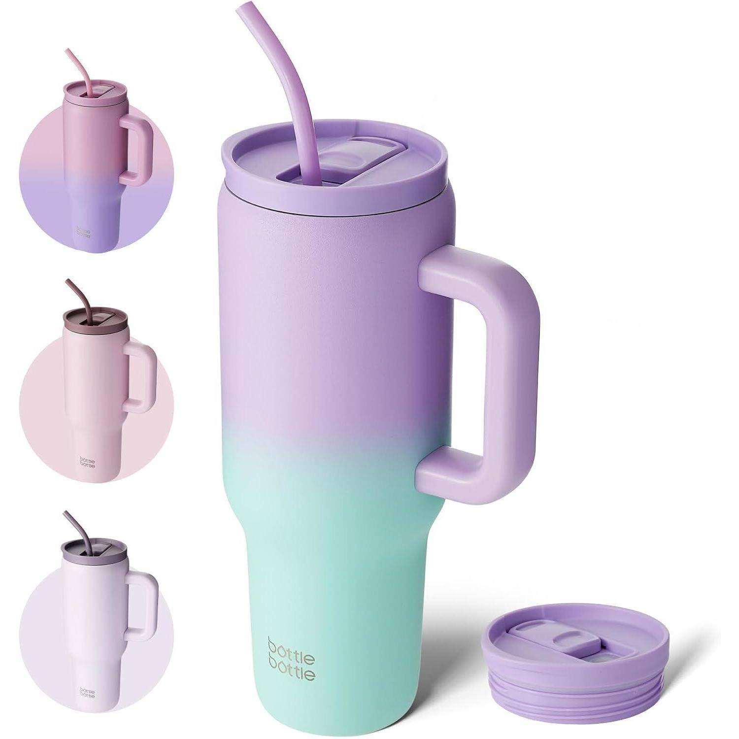 Ein Pastellgradient-Becher mit Griff, flexiblem Strohhalm und drei auswechselbaren Deckeln in verschiedenen Farben.