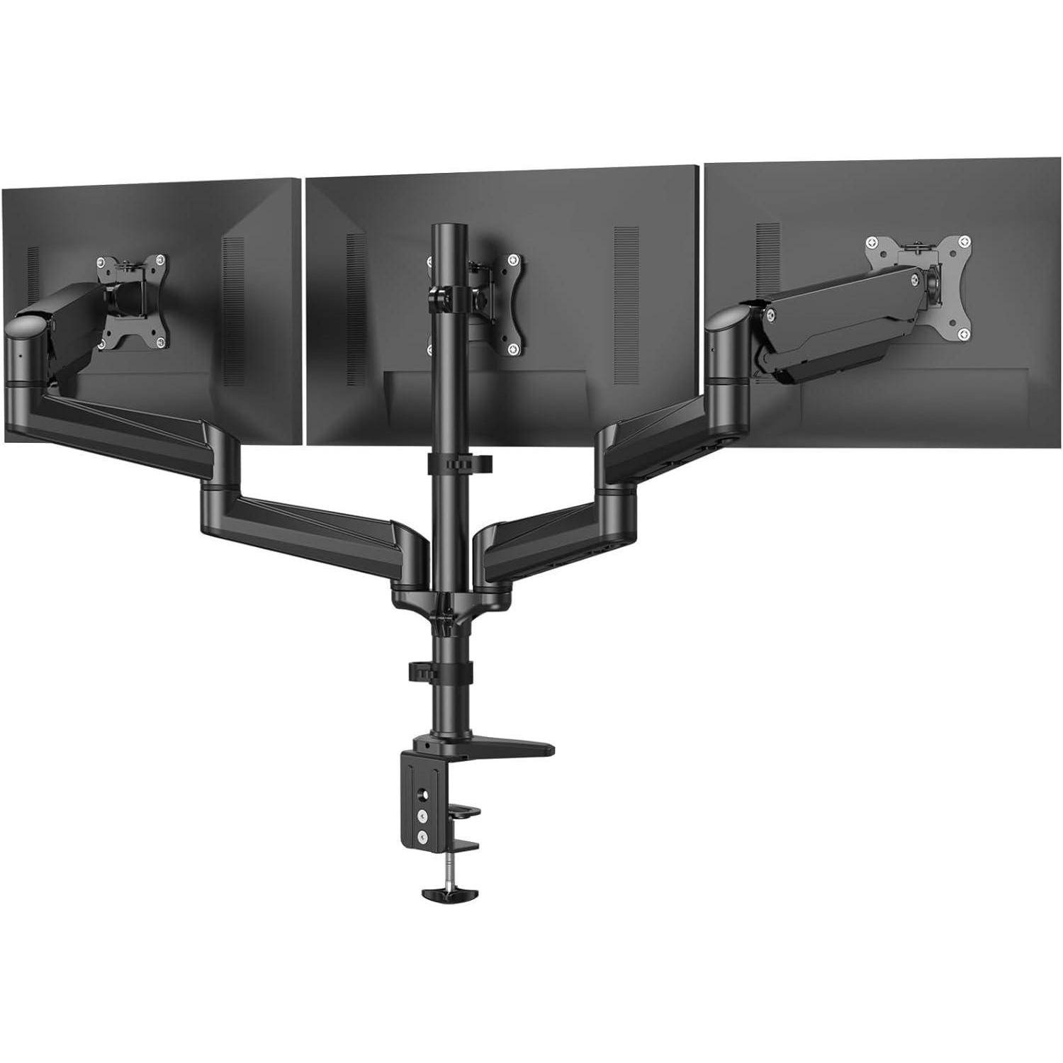 Doppel-Monitorhalterung mit verstellbaren Armen, die an einem Schreibtisch geklemmt ist und zwei Flachbildschirme hält.