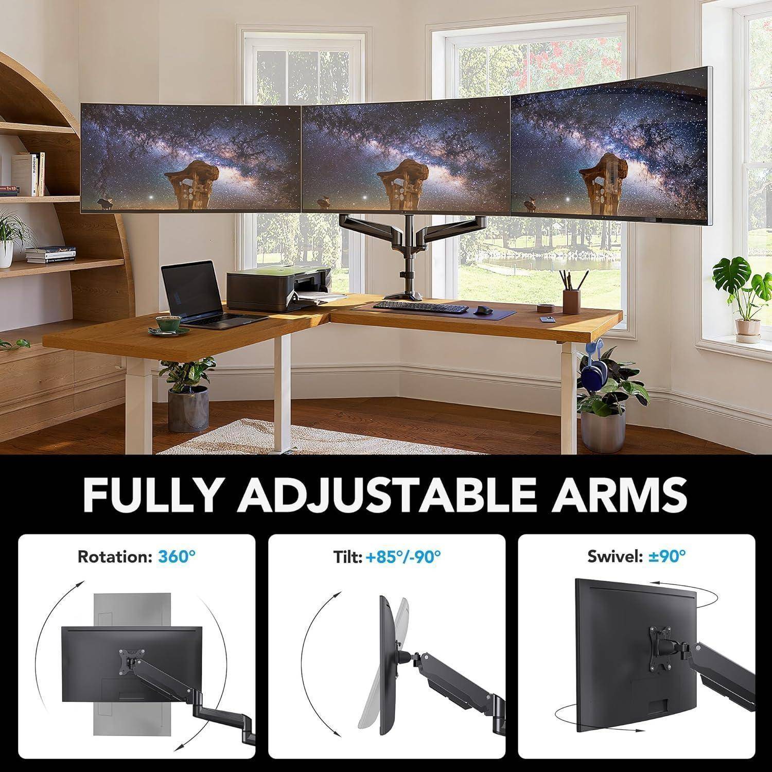 Ein breiter Schreibtisch-Aufbau mit vier gekrümmten Monitoren, die ein Weltraumbild zeigen. Darunter drei kleinere Bilder, die die Drehung, Neigung und Schwenkfunktionen des Monitorarms detaillieren und die einstellbaren Winkel hervorheben.