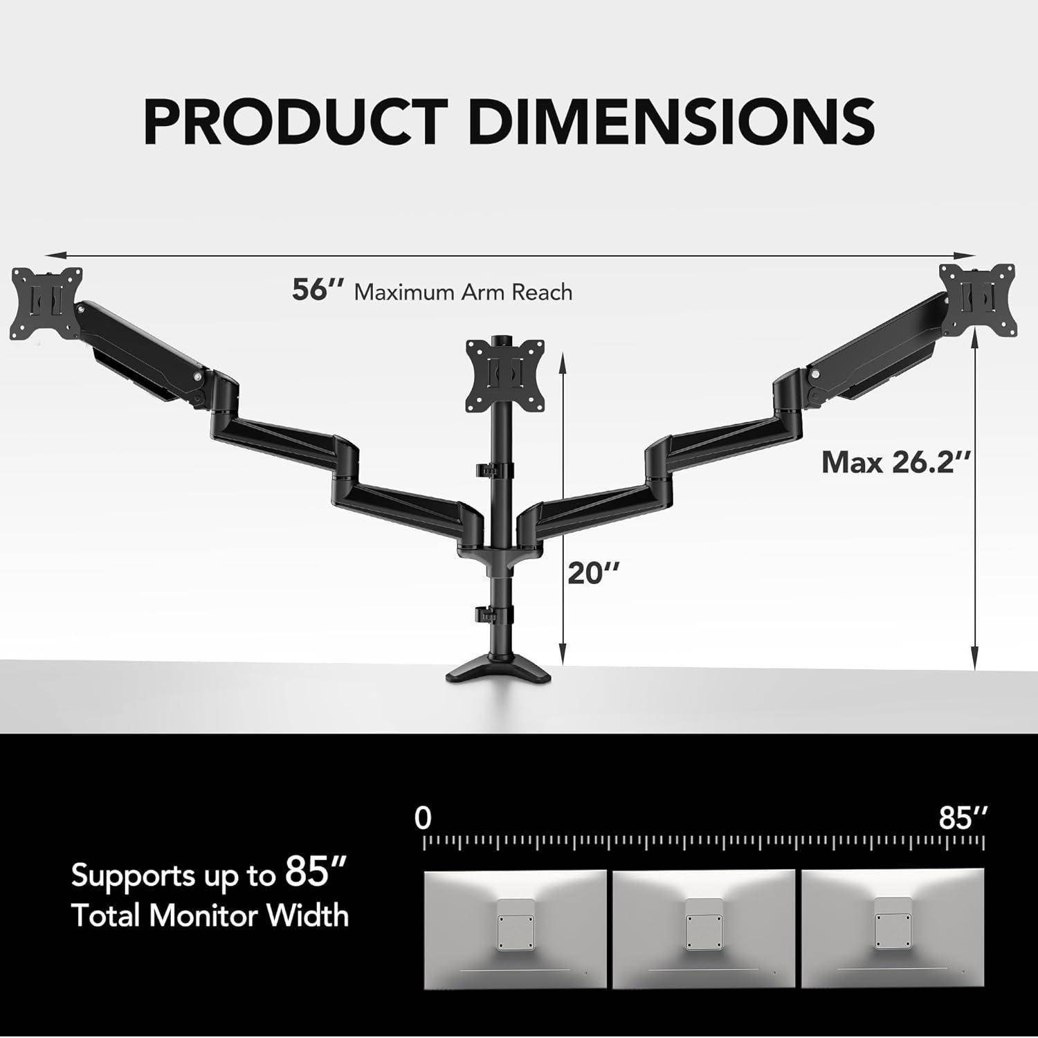 Grafik der 'Produktabmessungen' mit einem Monitorarm mit maximaler Armreichweite von 56