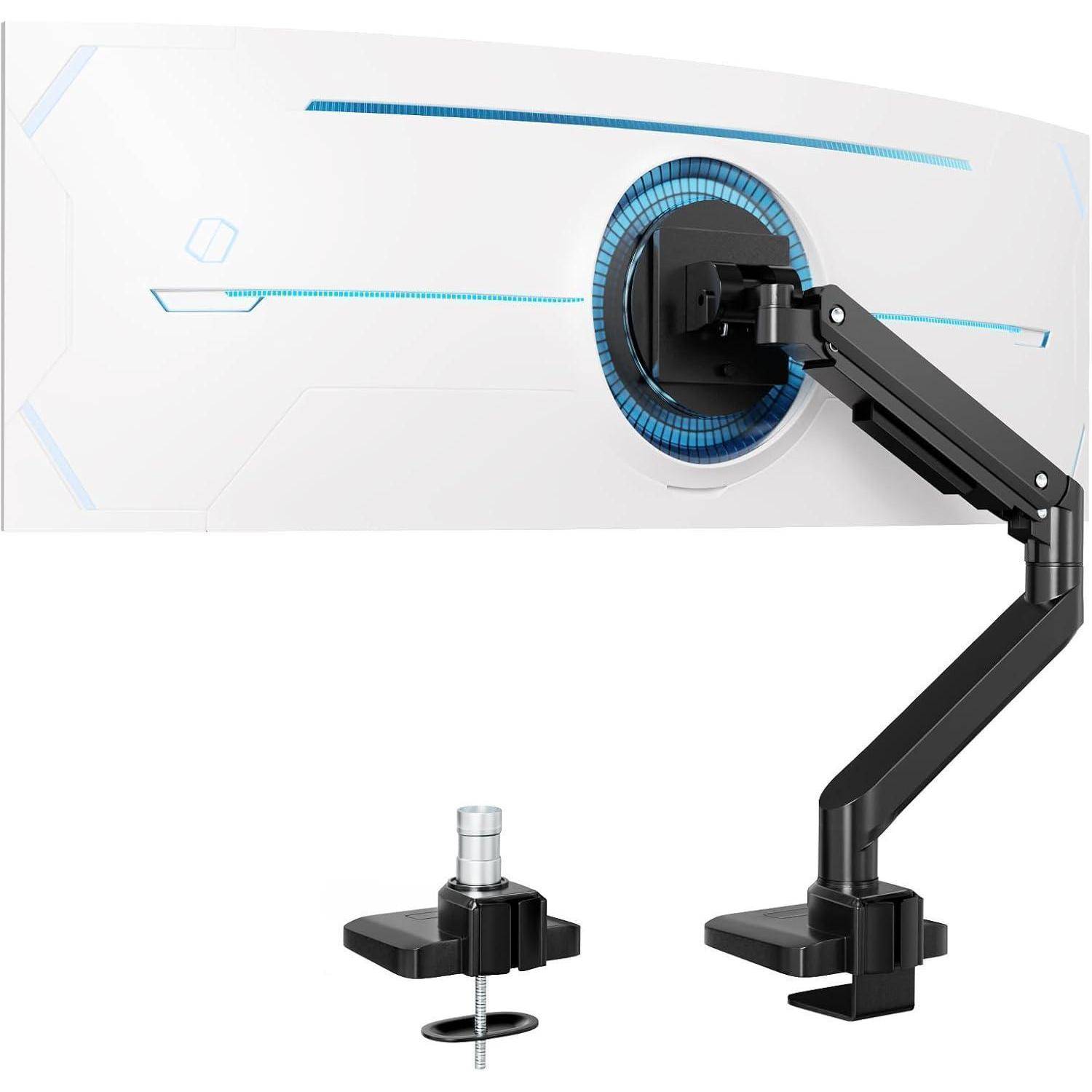 Gebogener Monitor mit futuristischem Design, montiert auf einem verstellbaren Armständer und an einer flachen Oberfläche befestigt.