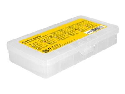 Eine transparente Kunststoff-Aufbewahrungsbox mit einem gelben Etikett auf dem Deckel, das Produktinformationen und Sicherheitshinweise zeigt.