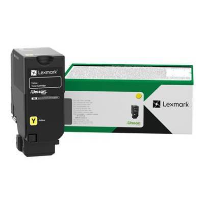 Lexmark-Tonerkartusche in schwarzer und gelber Verpackung, beschriftet mit 'Yellow 74C2SY0'. Verpackung zeigt Produktdetails und Lexmark-Logo.