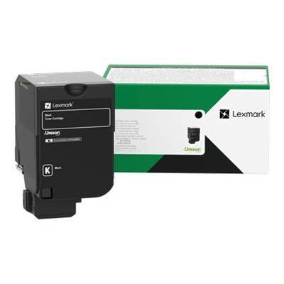 Schwarze Lexmark-Tonerkassette und ihre grün-weiße Verpackungsschachtel im Display.