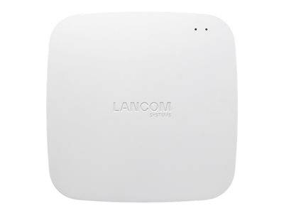 Ein weißer LANCOM Systems Wireless Access Point mit minimalistischem Design und zwei kleinen Anzeigelichtern in der oberen rechten Ecke.