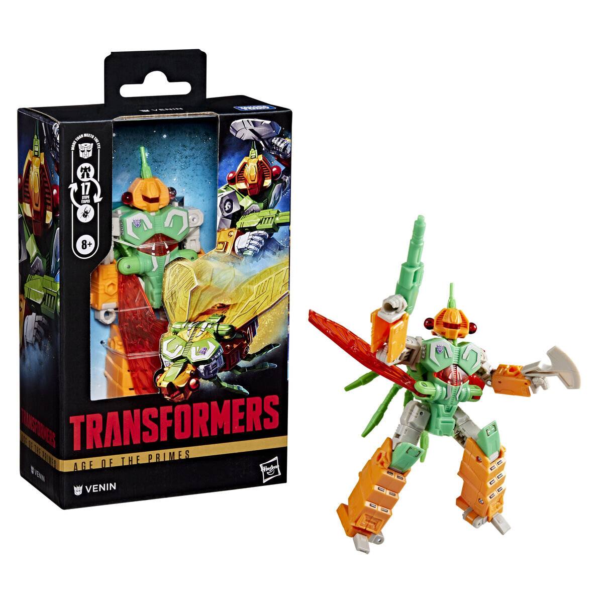 Transformers Venin Actionfigur neben ihrer Verpackung gezeigt, ein grün-oranger Roboter mit Waffen und abnehmbarer Rüstung/Zubehör.