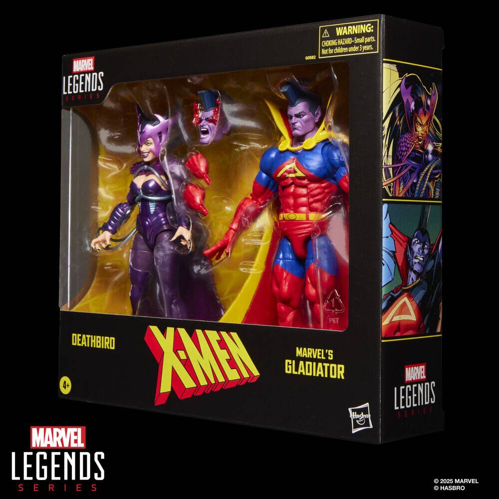 Marvel Legends Series Actionfiguren-Box mit den Figuren 'Deathbird' und 'Marvel's Gladiator' aus der 'X-Men' Kollektion.