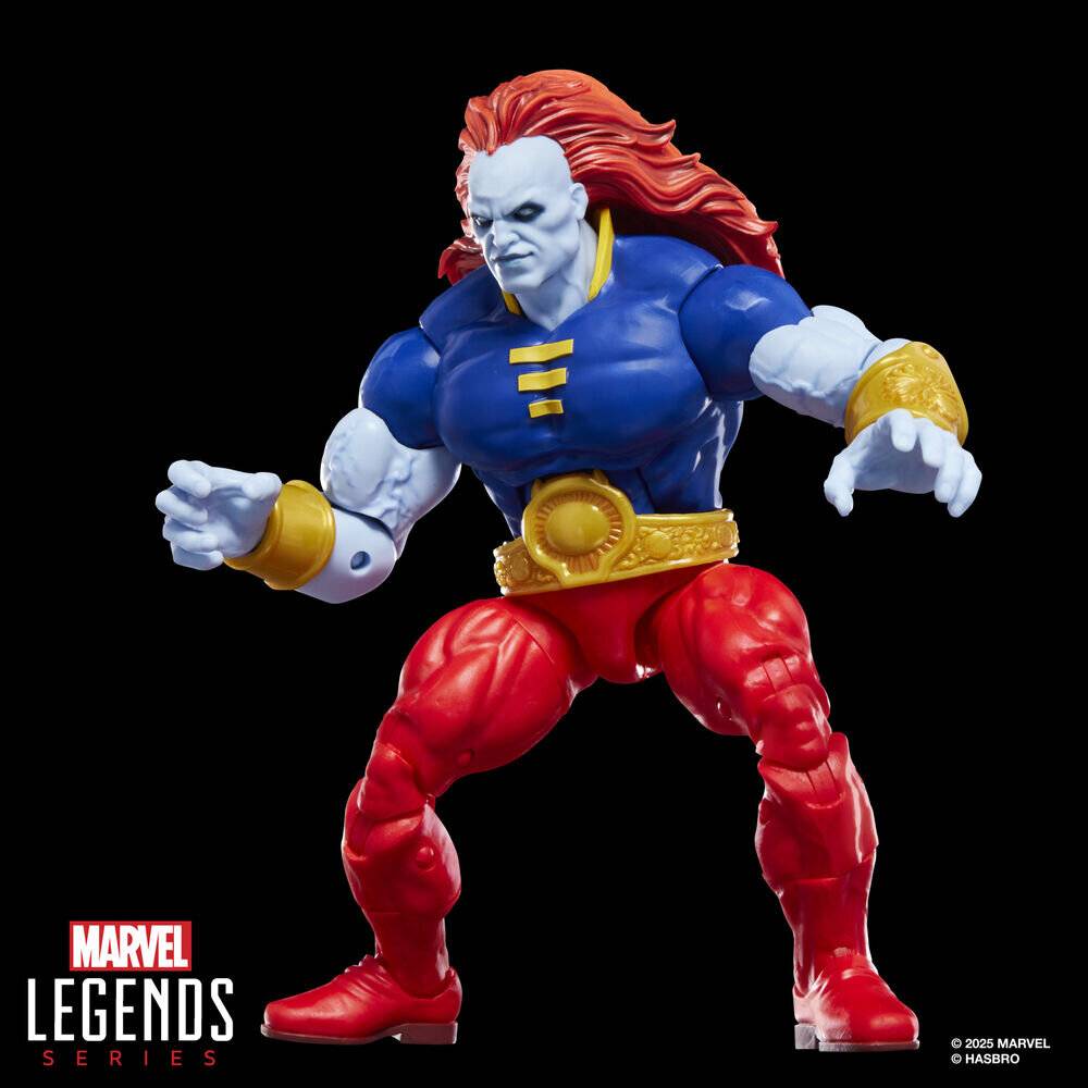 Actionfigur eines muskulösen Charakters mit roten Haaren in einem blau-roten Kostüm, Teil der Marvel Legends-Reihe.