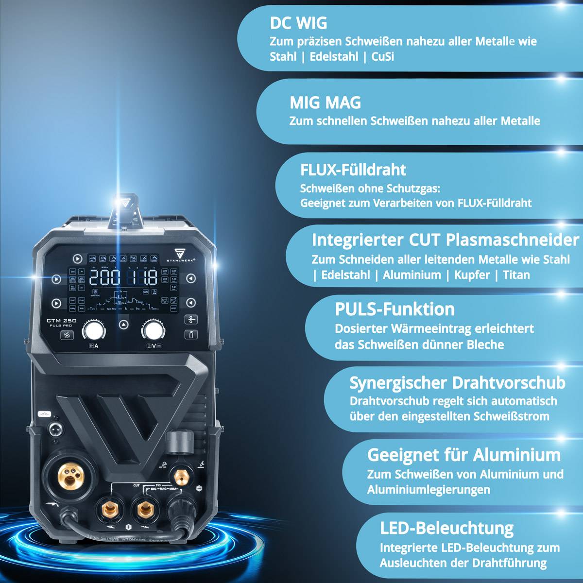 STAHLWERK 6-in-1 Schweißgerät mit Plasmaschneider CTM-250 PULS Pro 200 Ampere
