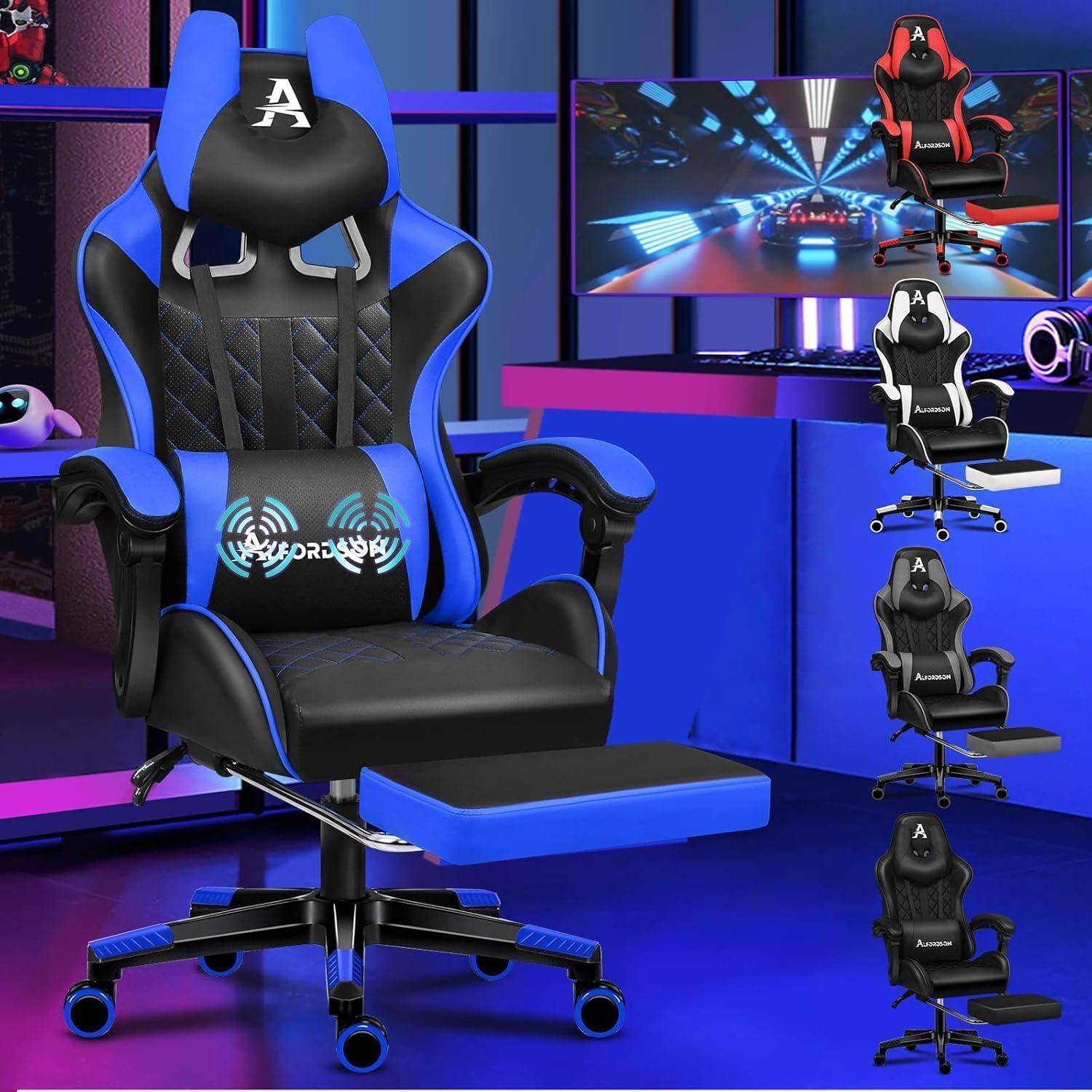 Ergonomischer blauer Gaming-Stuhl mit verstellbarer Fußablage in einem technologisch gestalteten Raum. Monitore zeigen ein Rennspiel. Mehrere Stuhlfarben werden dargestellt.