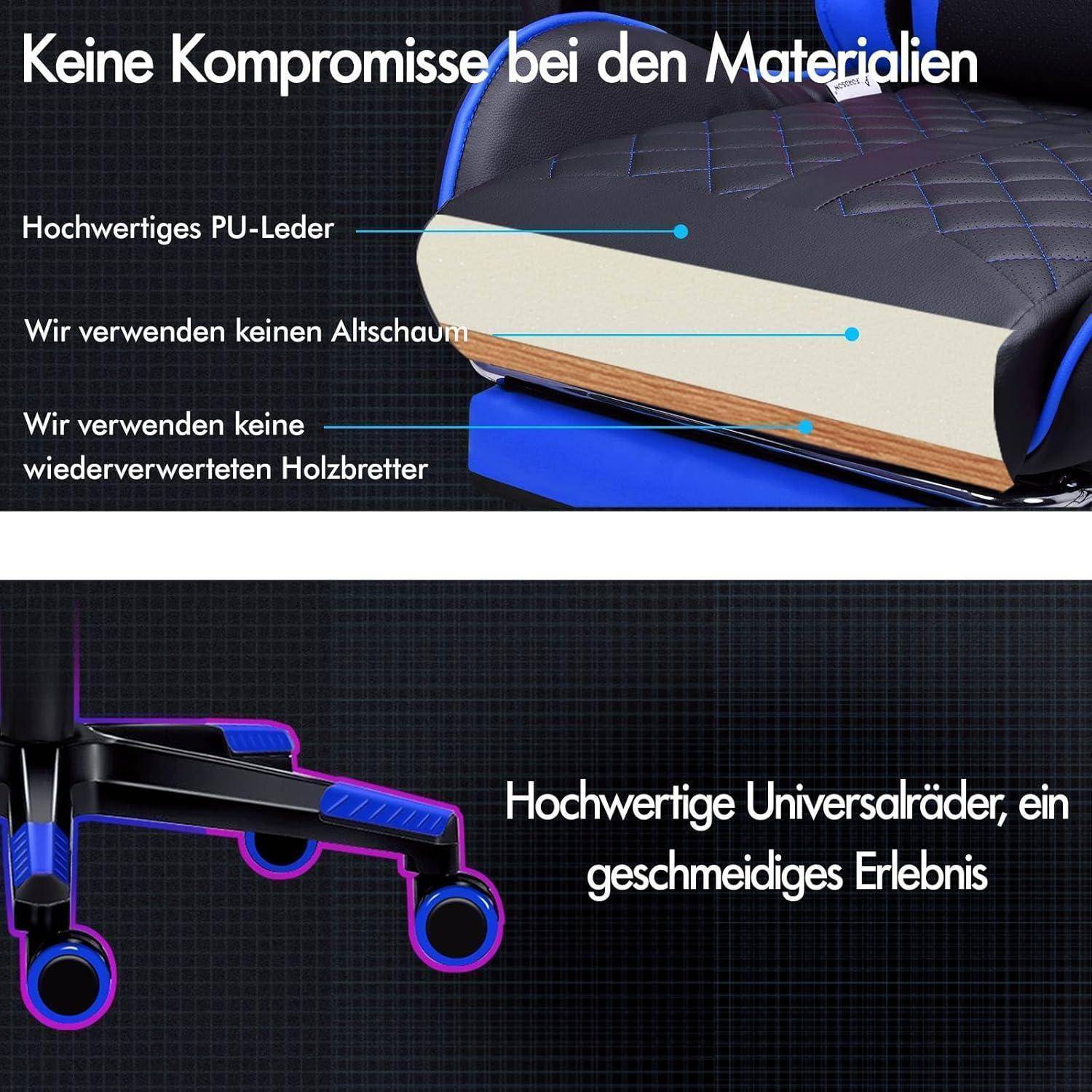 Ein schwarzer und blauer Bürostuhl mit Premium-Materialien beschriftet: hochwertiges PU-Leder, recyceltes Holz, glatte Universalrollen. Deutscher Text 'Hochwertige Universalräder, ein geschmeidiges Erlebnis'.