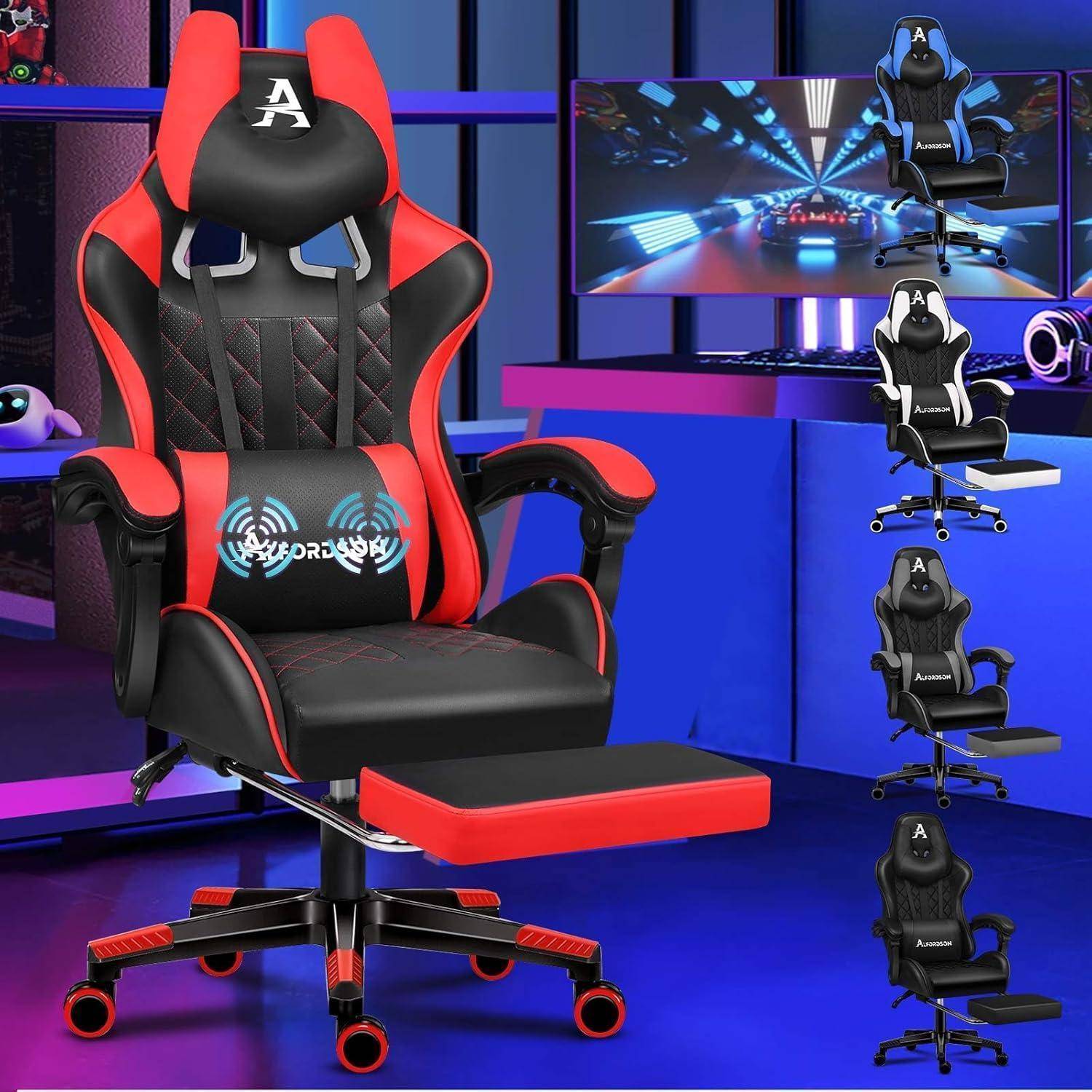 Ein rot-schwarzer ergonomischer Gaming-Stuhl mit Fußstütze, Drehfuß und verstellbaren Armlehnen in einer futuristischen Spielzimmer-Umgebung.