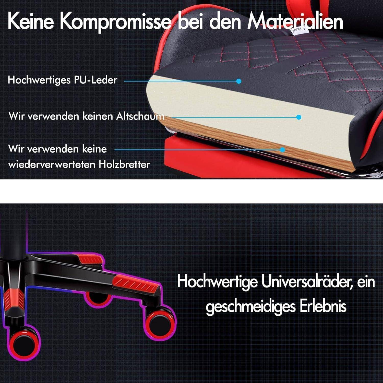 Gaming-Stuhl mit Fußstütze, Lendenwirbelkissen, ergonomischer