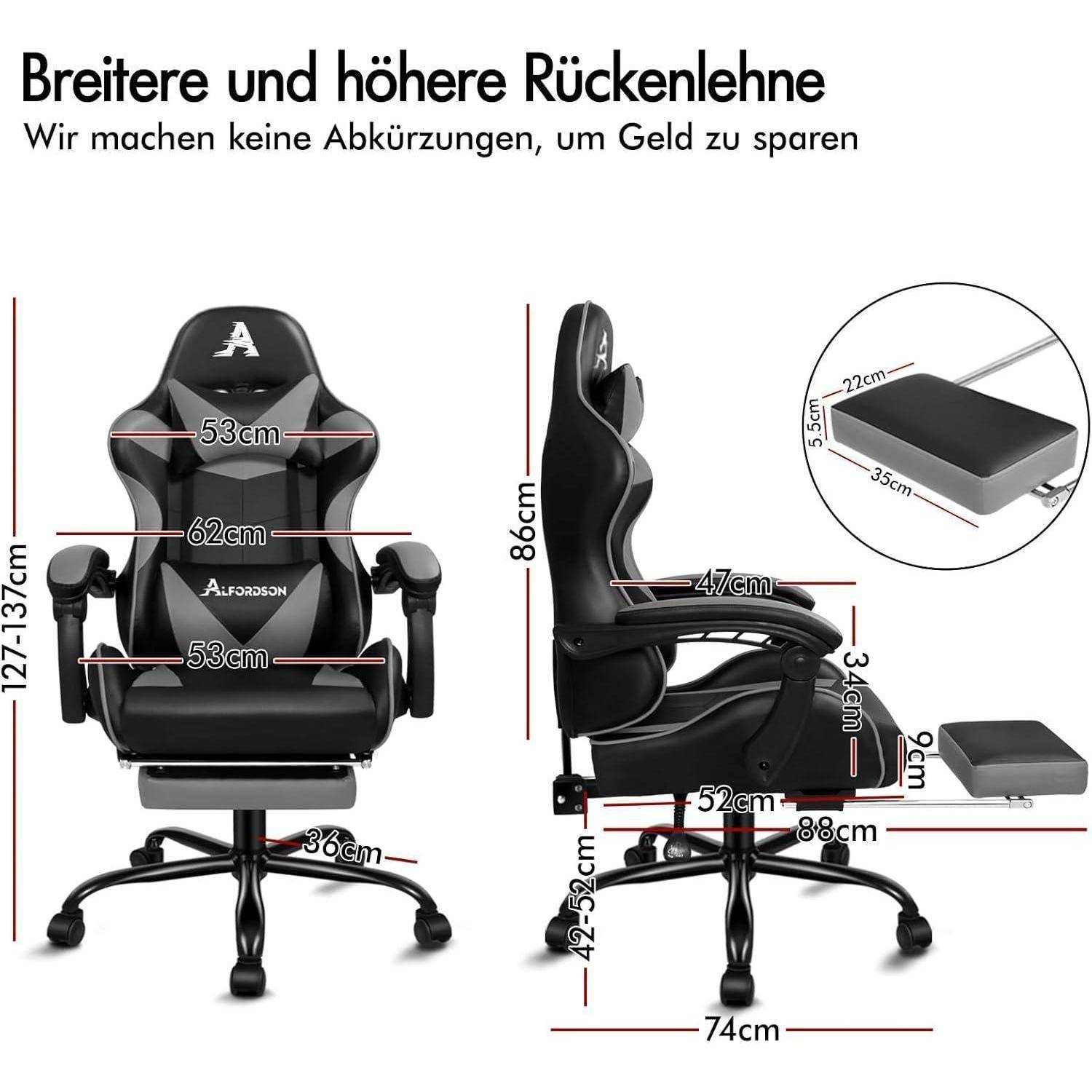 Gaming-Stuhl mit breiter, hoher Rückenlehne, verstellbaren Armlehnen und ausziehbarer Fußstütze. Die Maße sind in Zentimetern angegeben.
