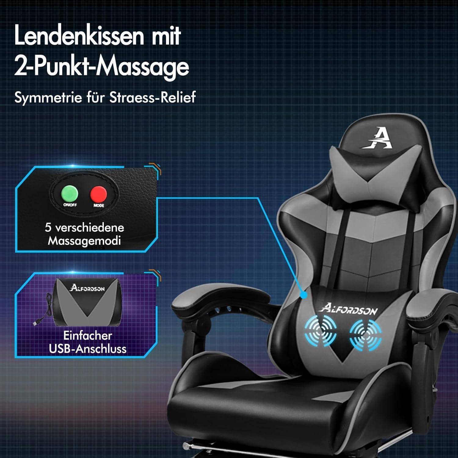 Ein schwarzer und grauer ergonomischer Stuhl mit Massagefunktionen, '2-Punkt-Massage', 5 Programmen und USB-Anschluss, dargestellt mit blauen Highlights.