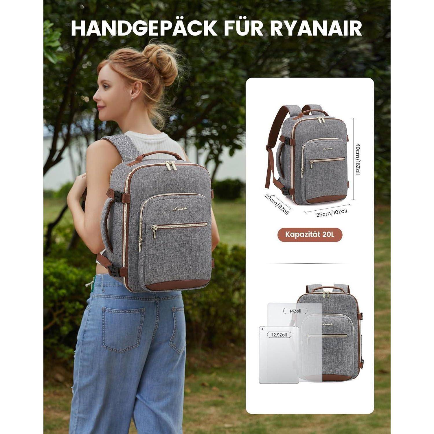 Eine lächelnde Frau trägt einen grauen Rucksack im Freien. Der Rucksack wird separat mit den Maßen 40x25x20 cm und einer Kapazität von 20 Litern gezeigt.