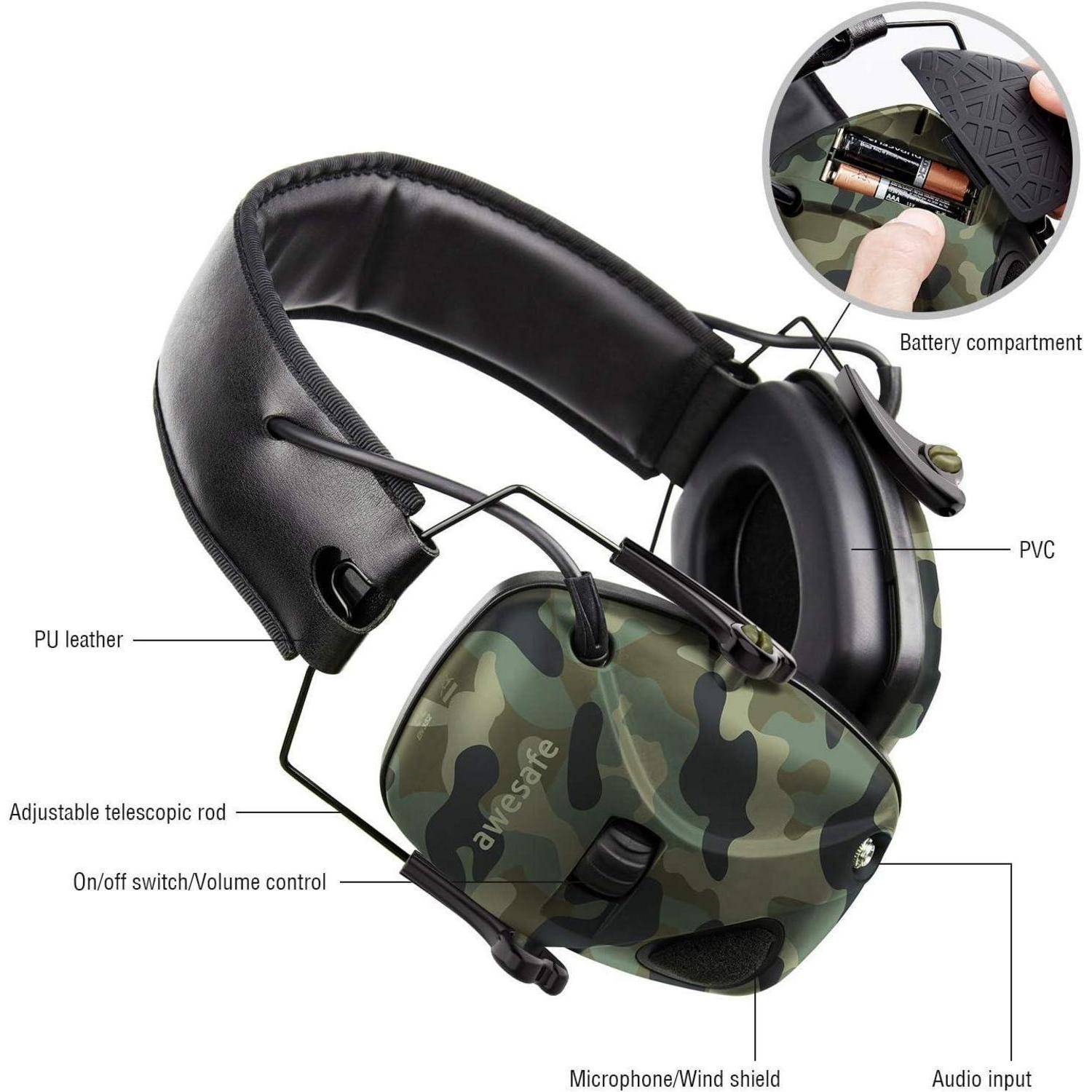 Noise-Cancelling-Kopfhörer mit Tarndesign, ausziehbarer Teleskopstange, Ein-/Aus-Schalter, Lautstärkeregelung und Batteriefach.